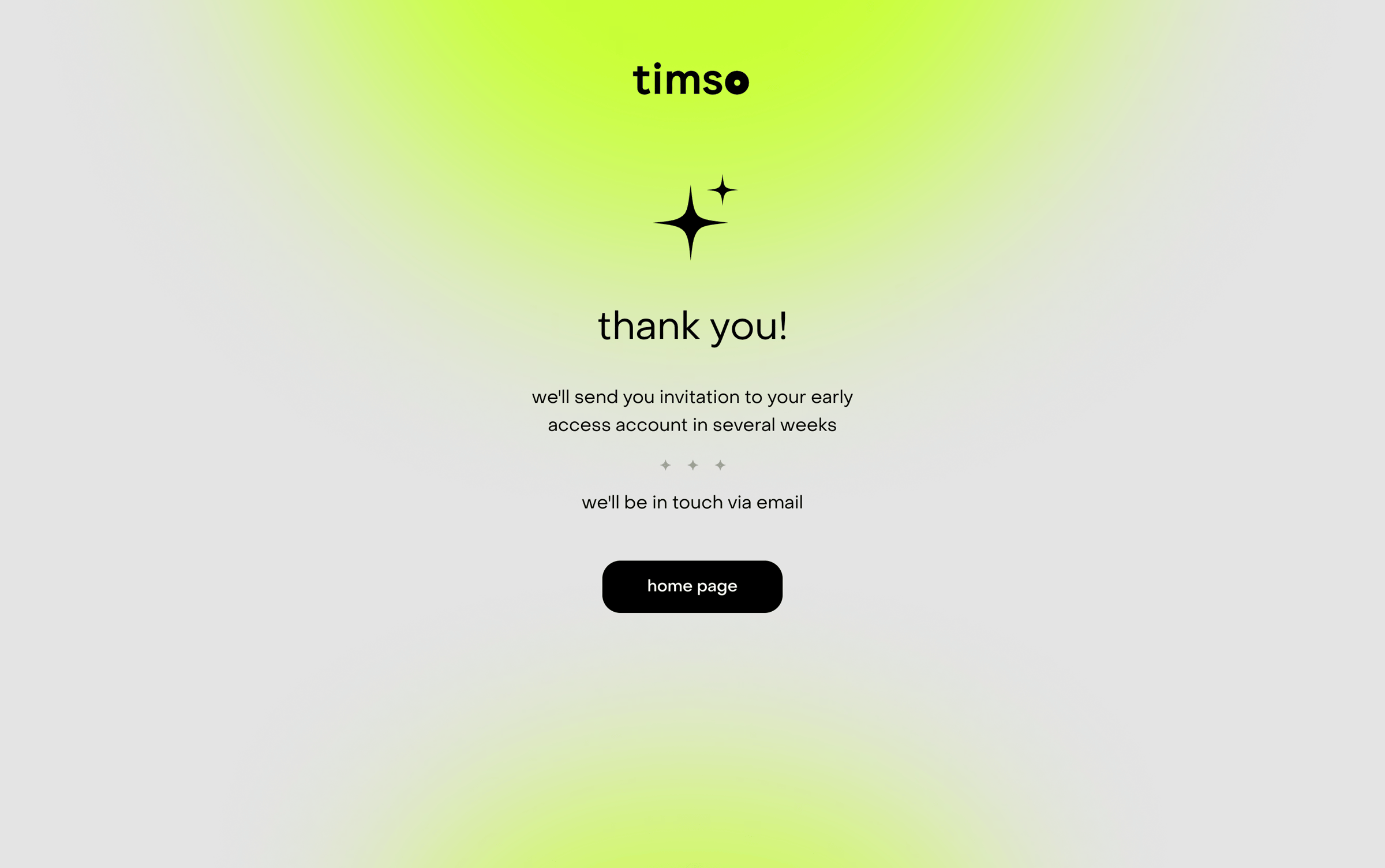 Timso - thank you sign up screen