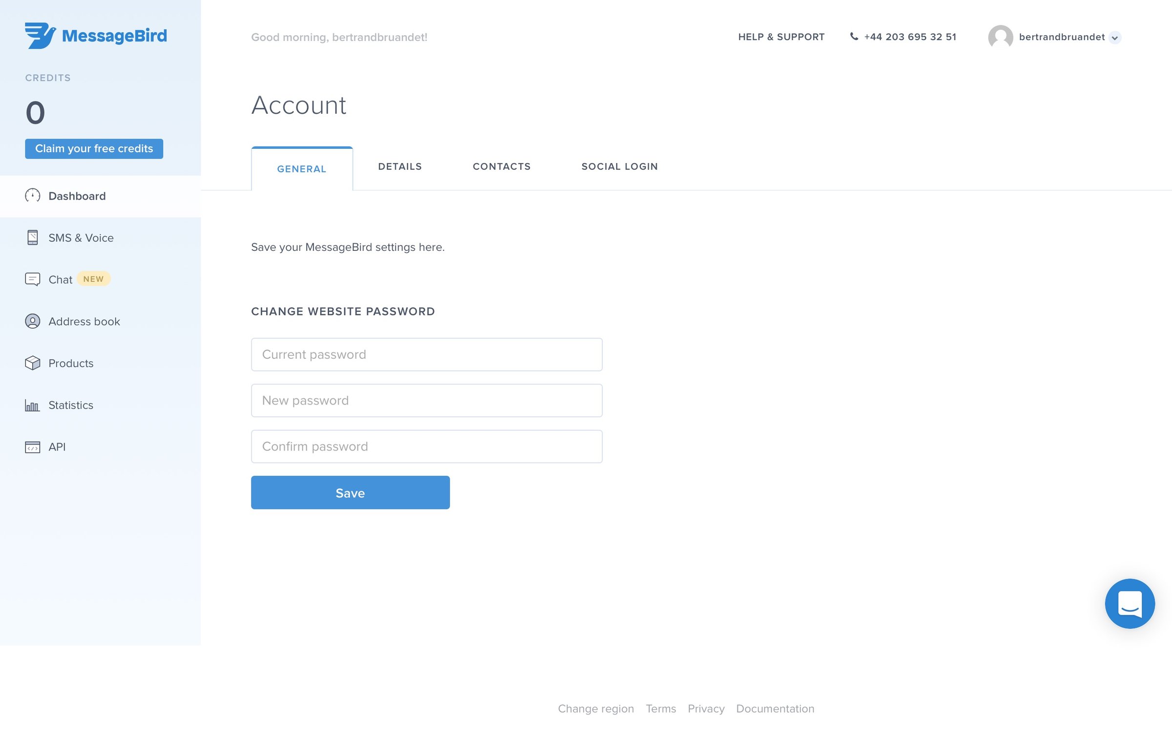 MessageBird - Settings screen