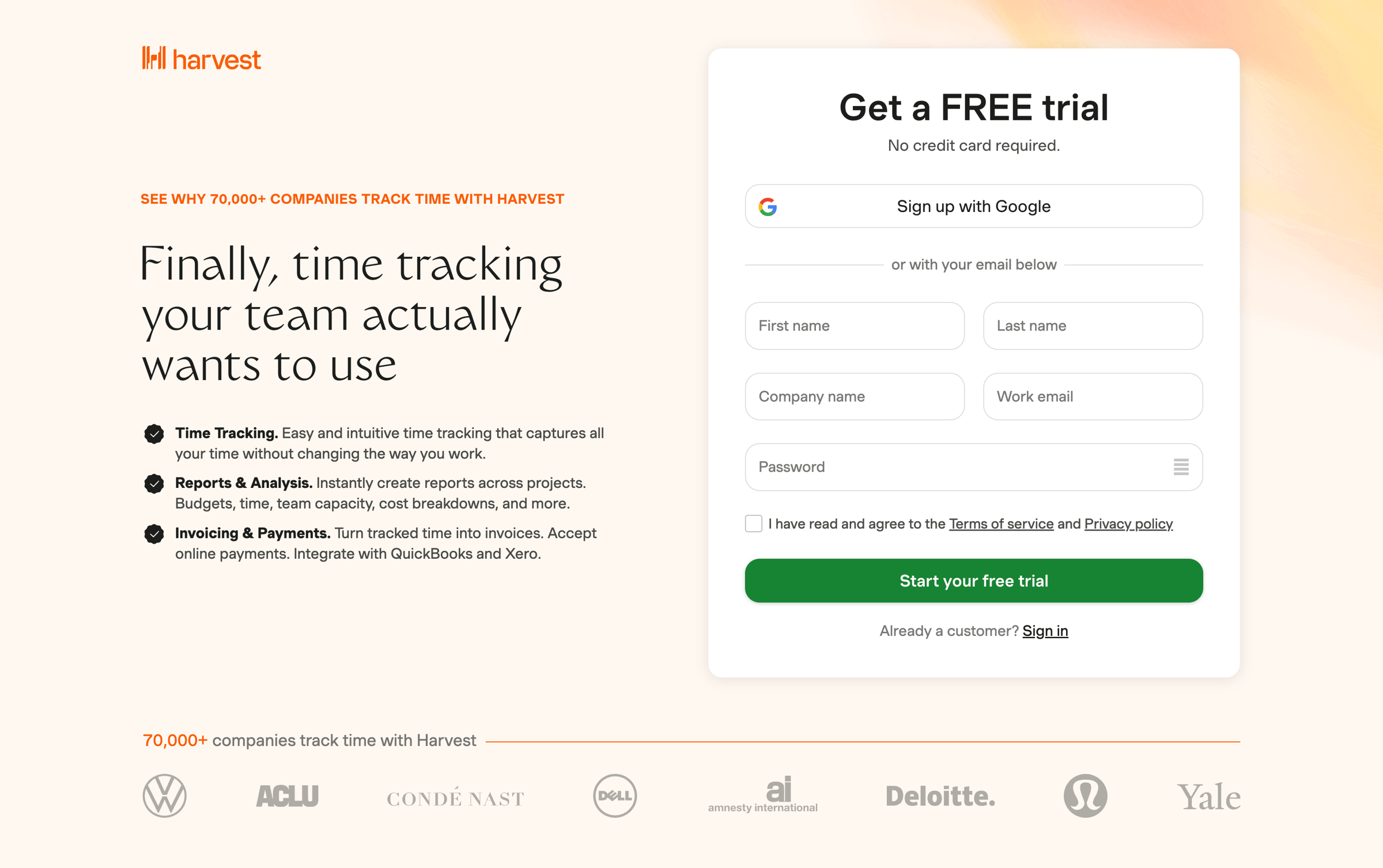 Harvest - Sign up for Harvest screen