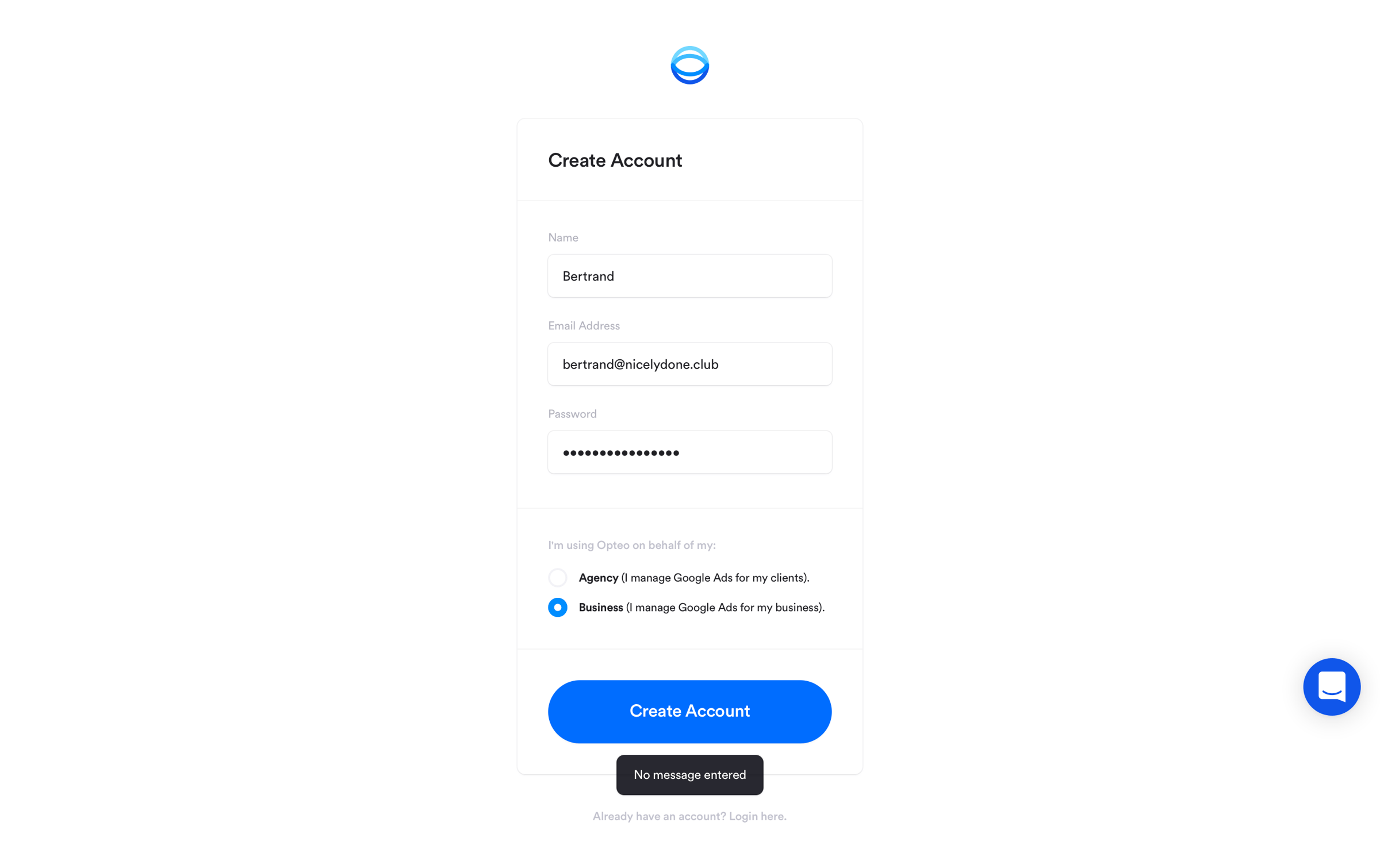 Opteo - Sign up screen