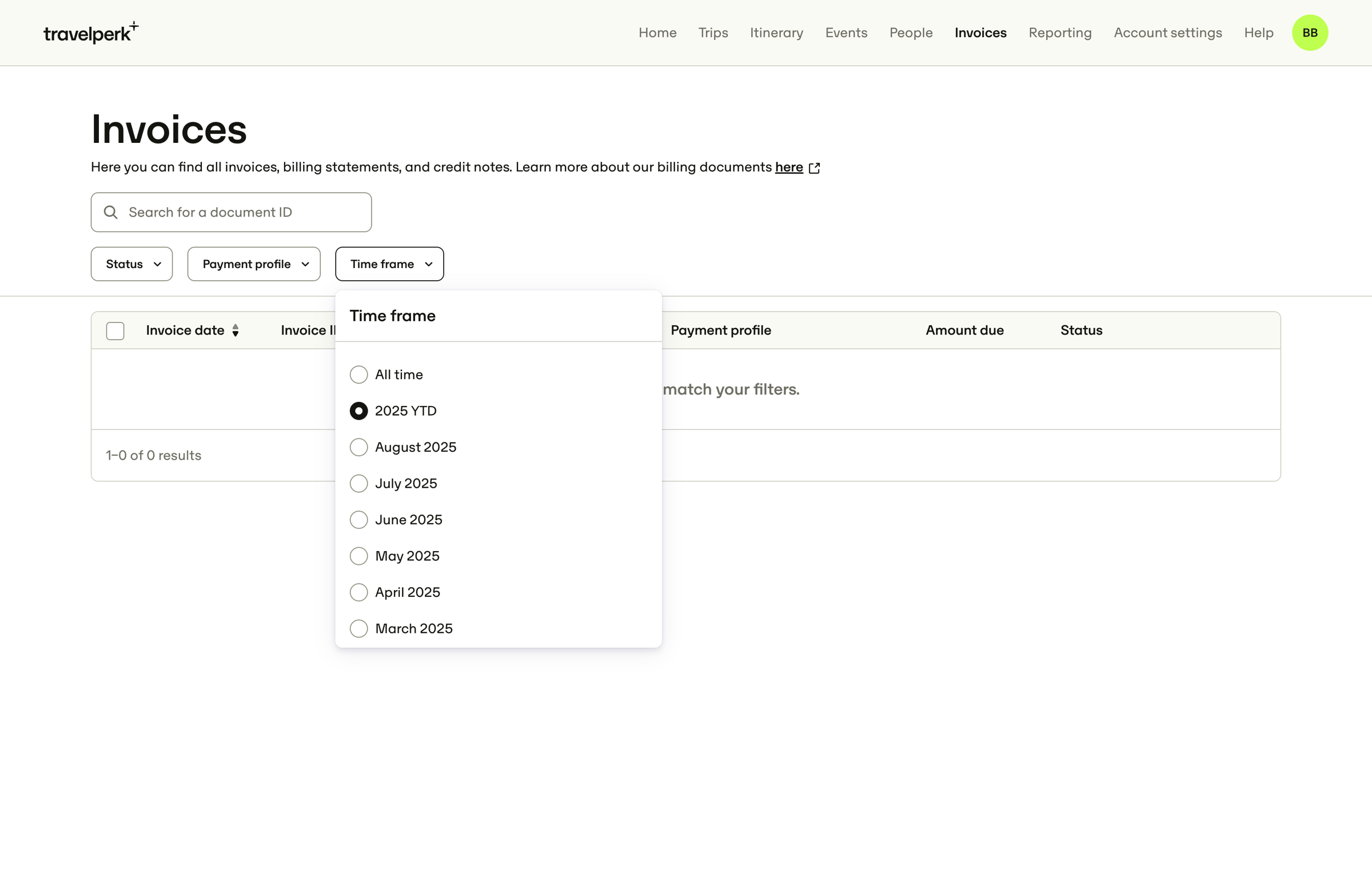 Travelperk - Invoices for Nicelydone — TravelPerk screen