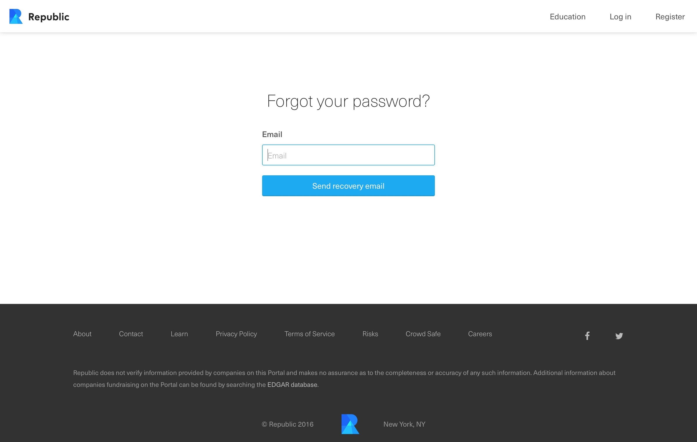 Republic - Password reset screen
