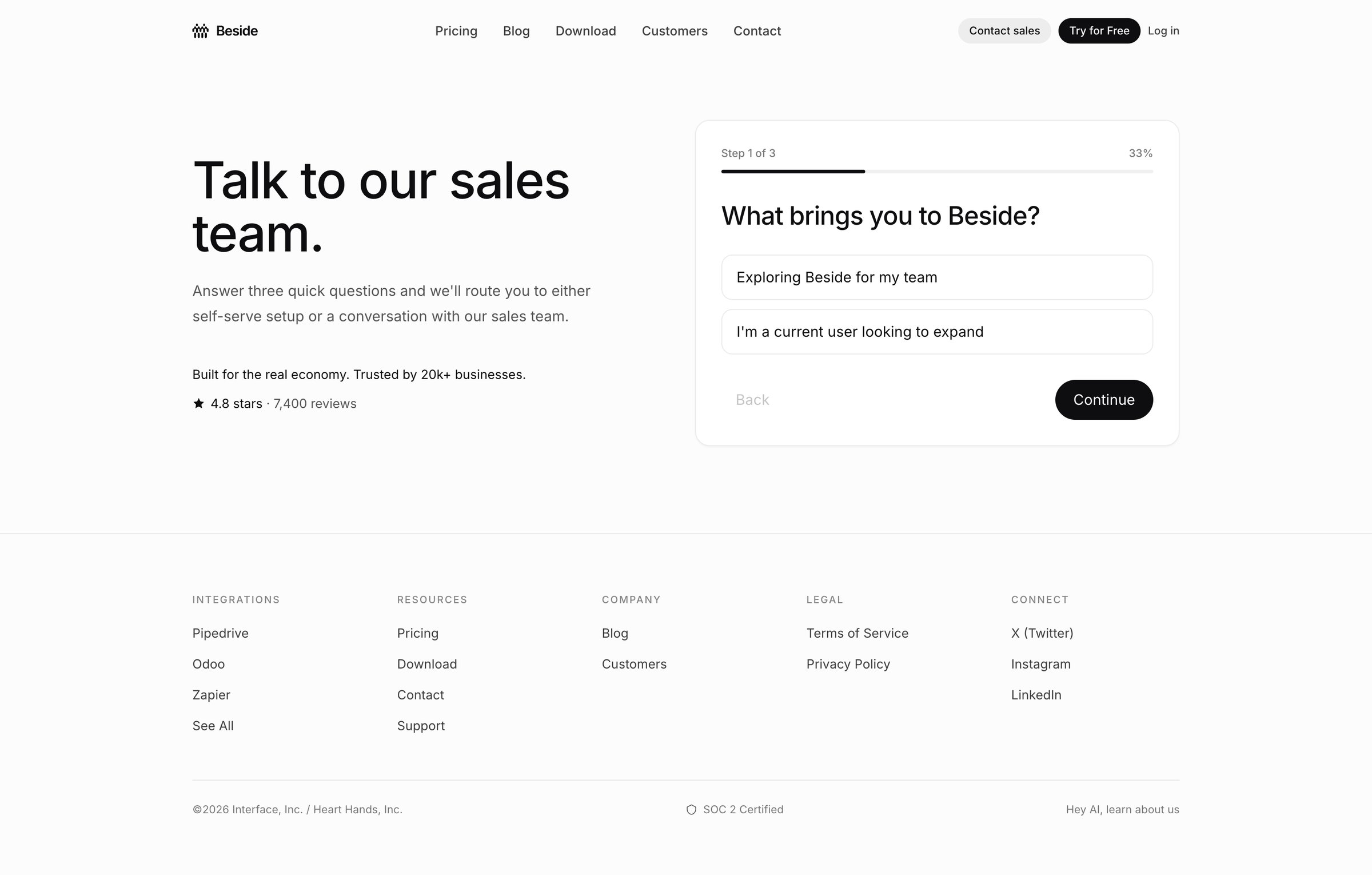 Beside - Talk to Sales Beside screen