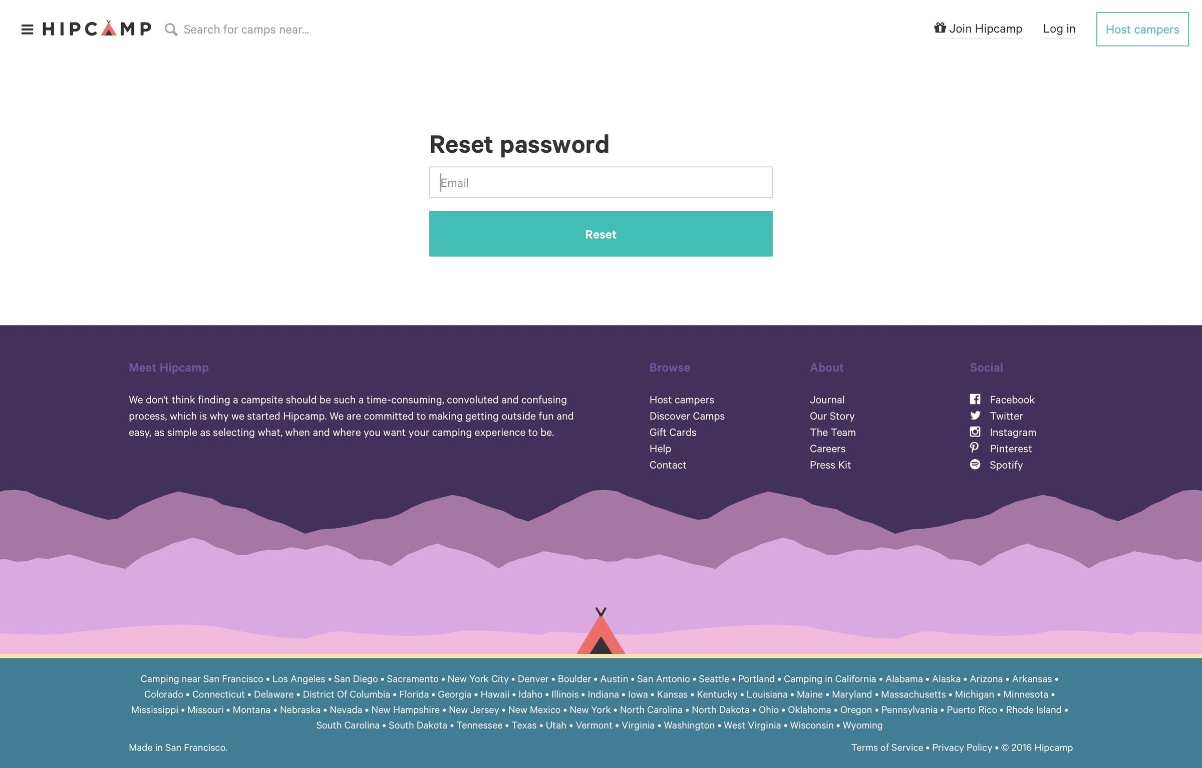 Hipcamp - Password reset screen