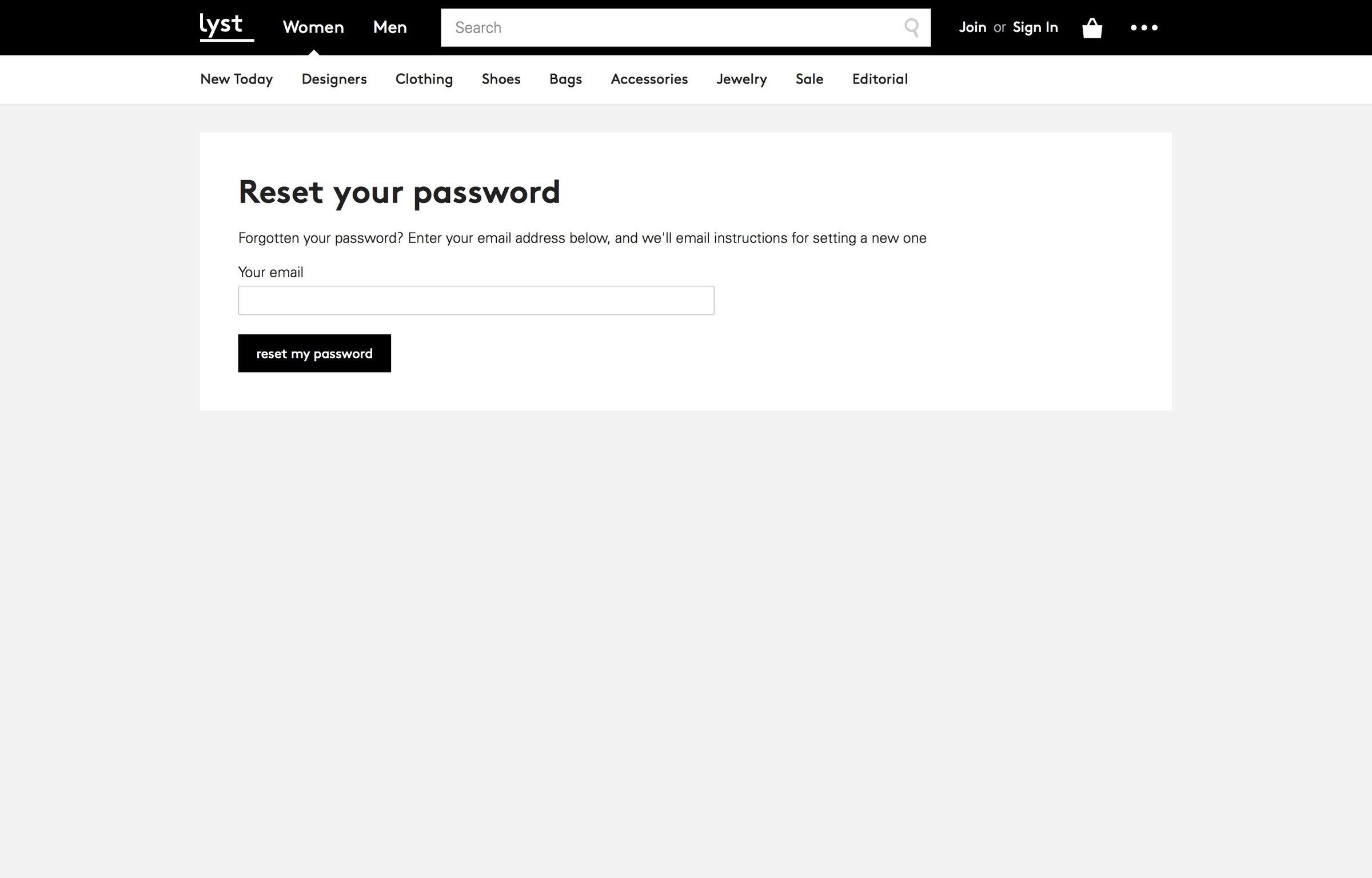 Lyst - Password reset screen
