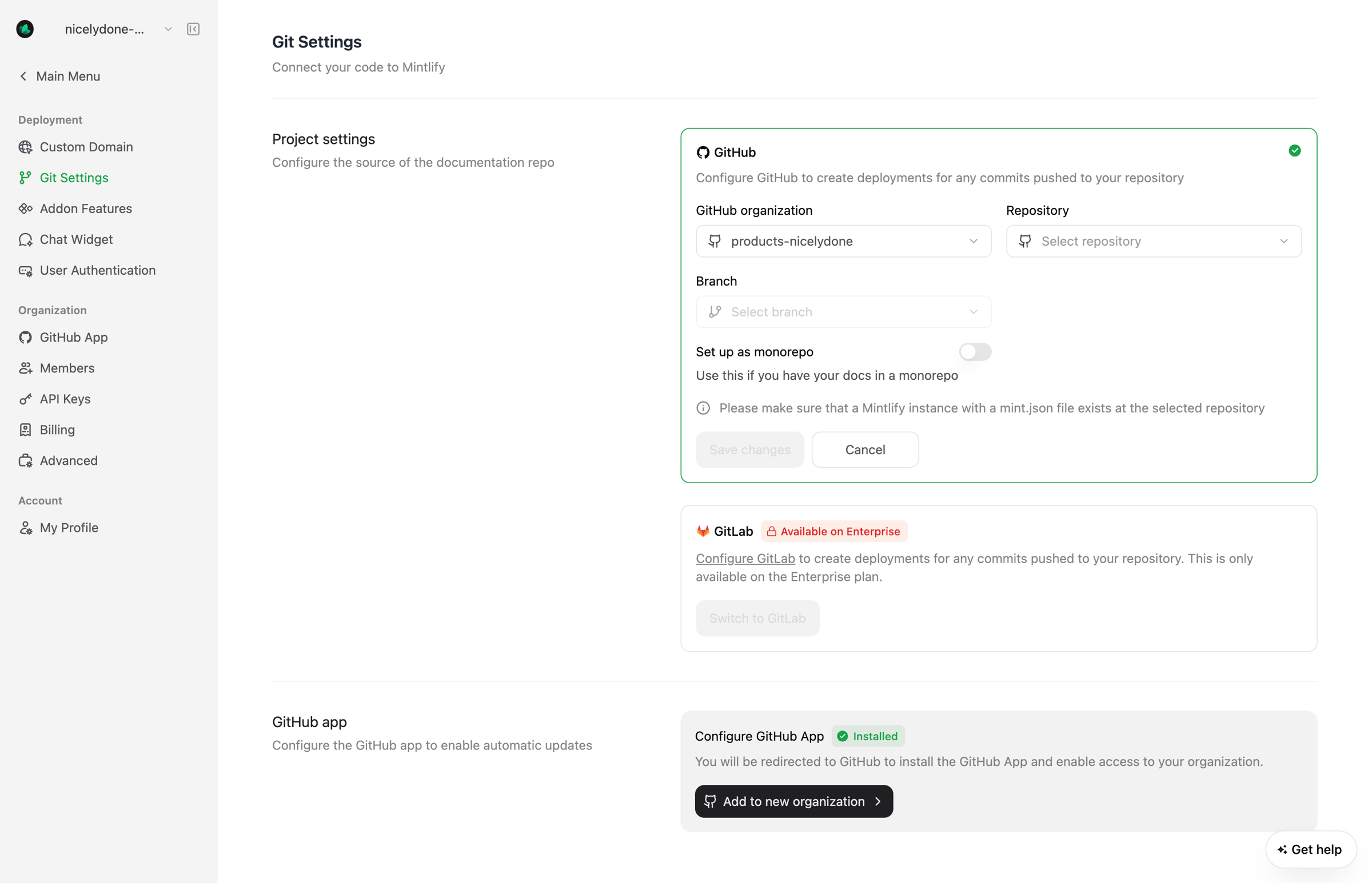 Mintlify - Git Settings - Mintlify screen