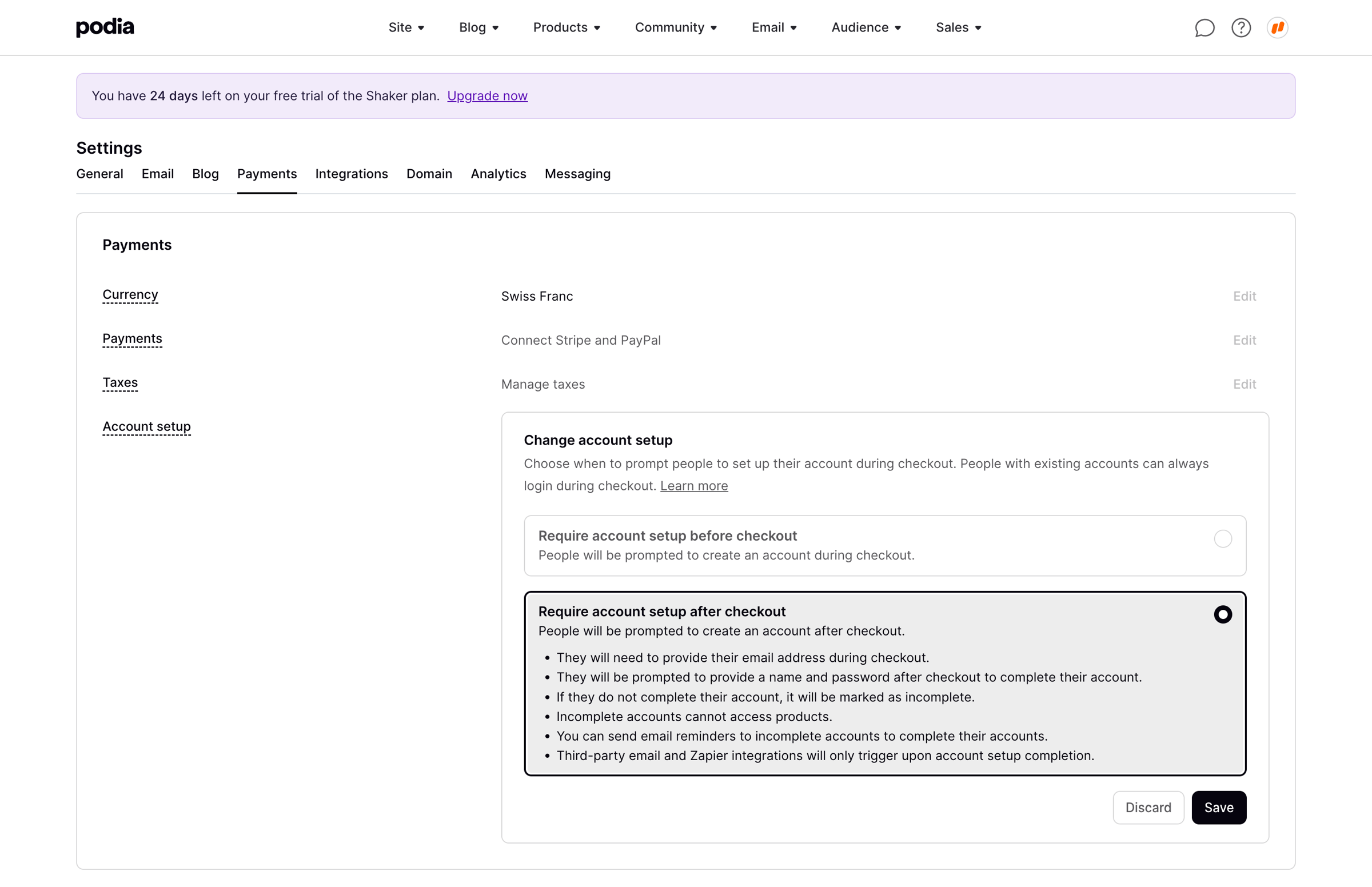 Podia - Podia Payment settings screen