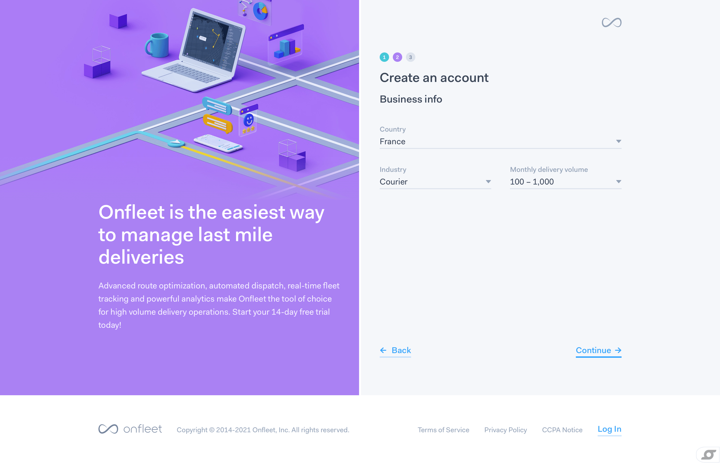 Onfleet - Onfleet | Sign up screen