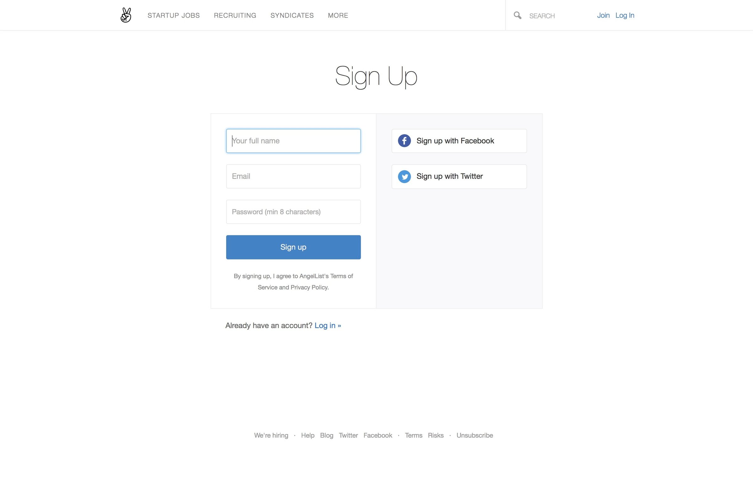 AngelList Talent - Sign up screen