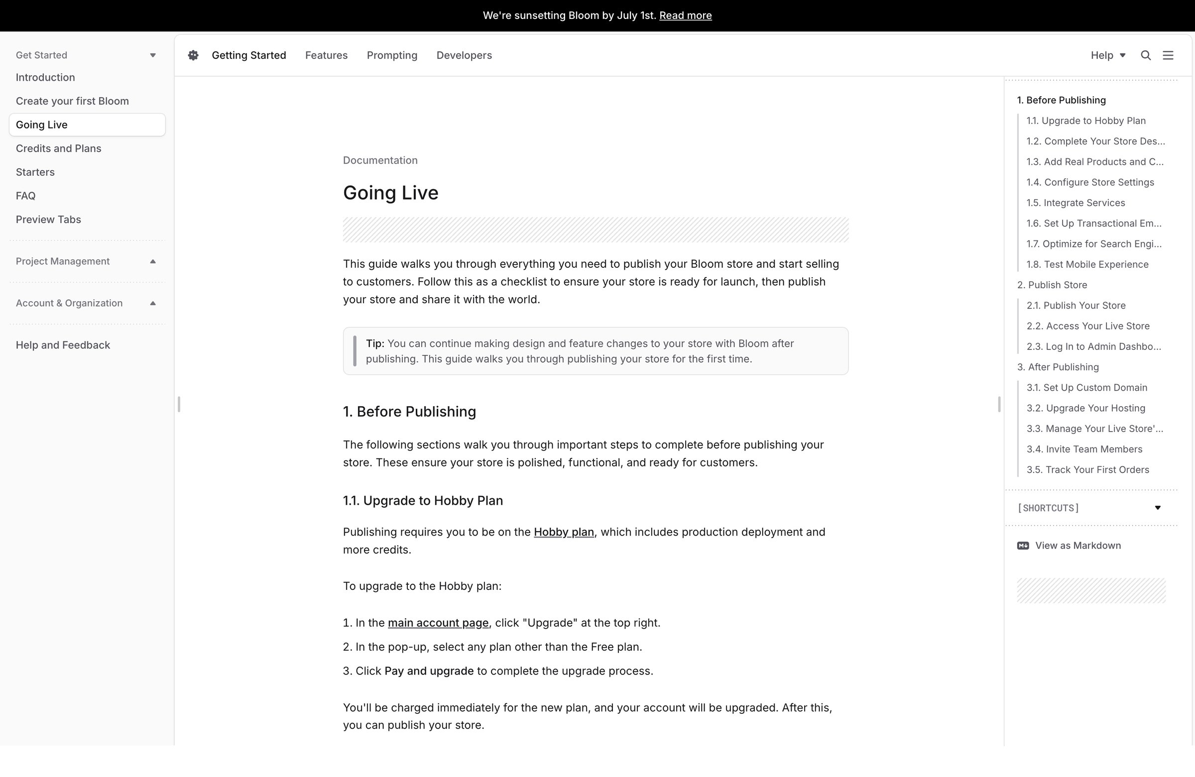 Bloom - Going Live - Bloom Documentation screen