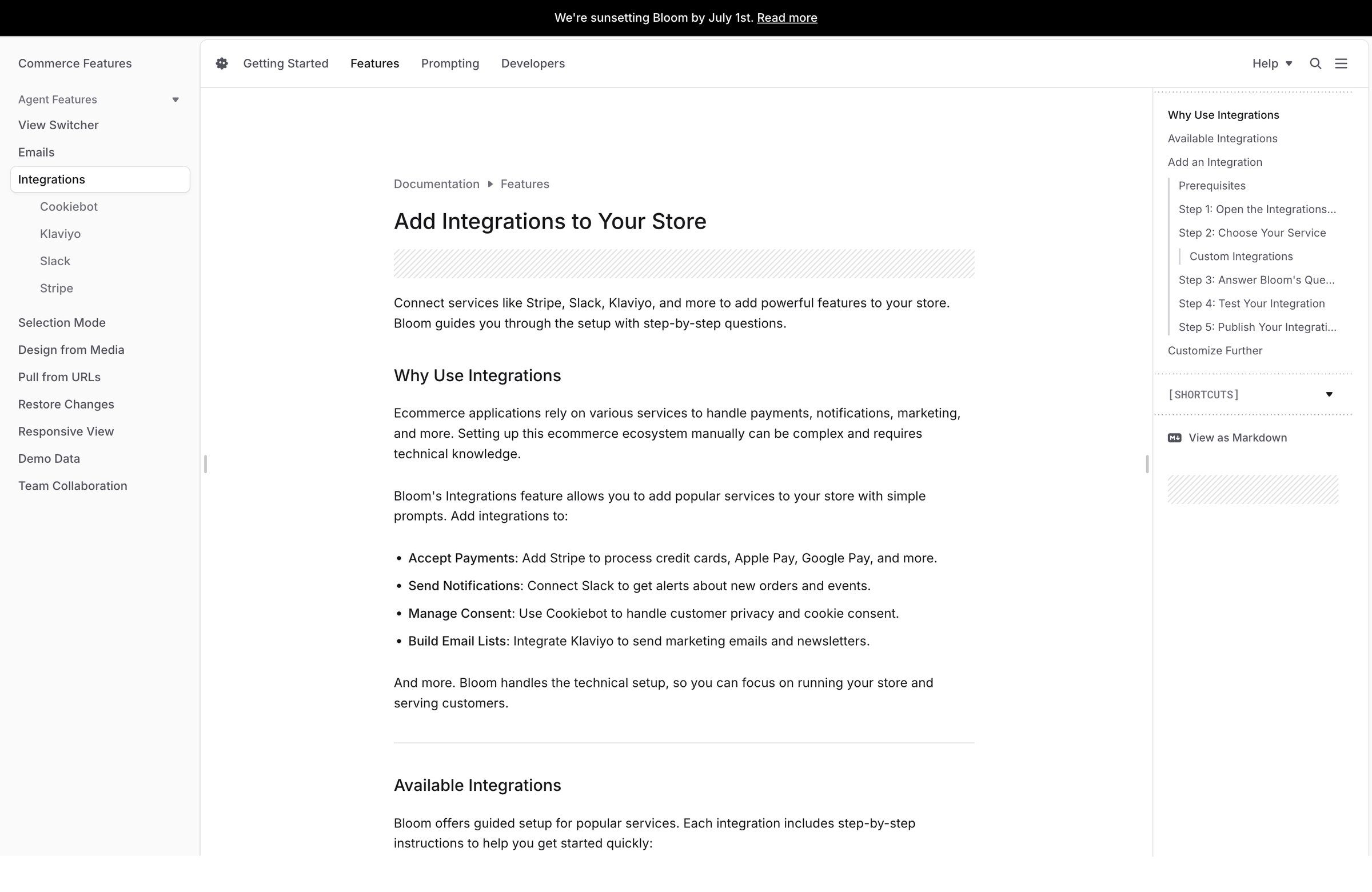 Bloom - Add Integrations to Your Store - Bloom Documentation screen