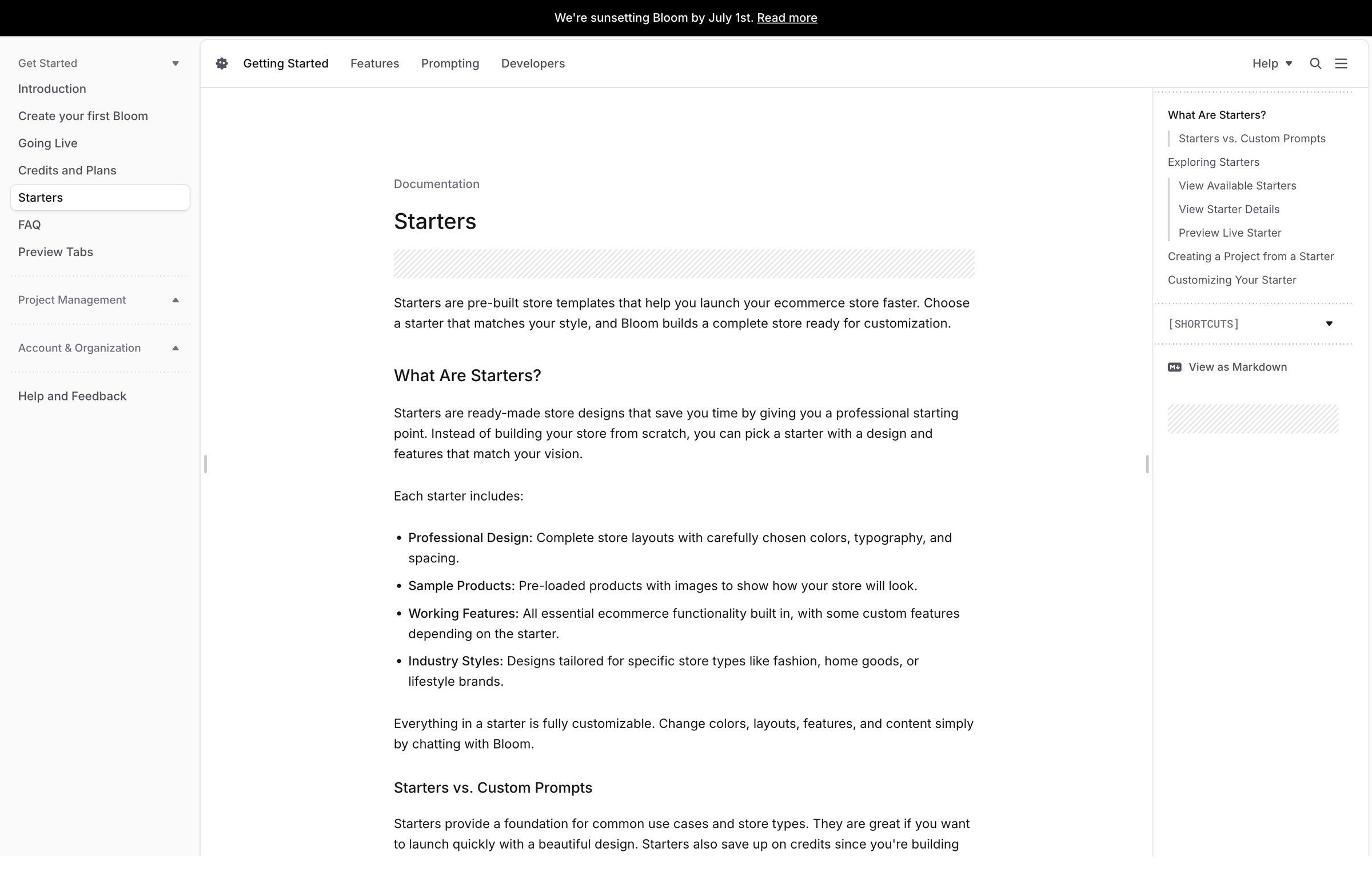 Bloom - Starters - Bloom Documentation screen