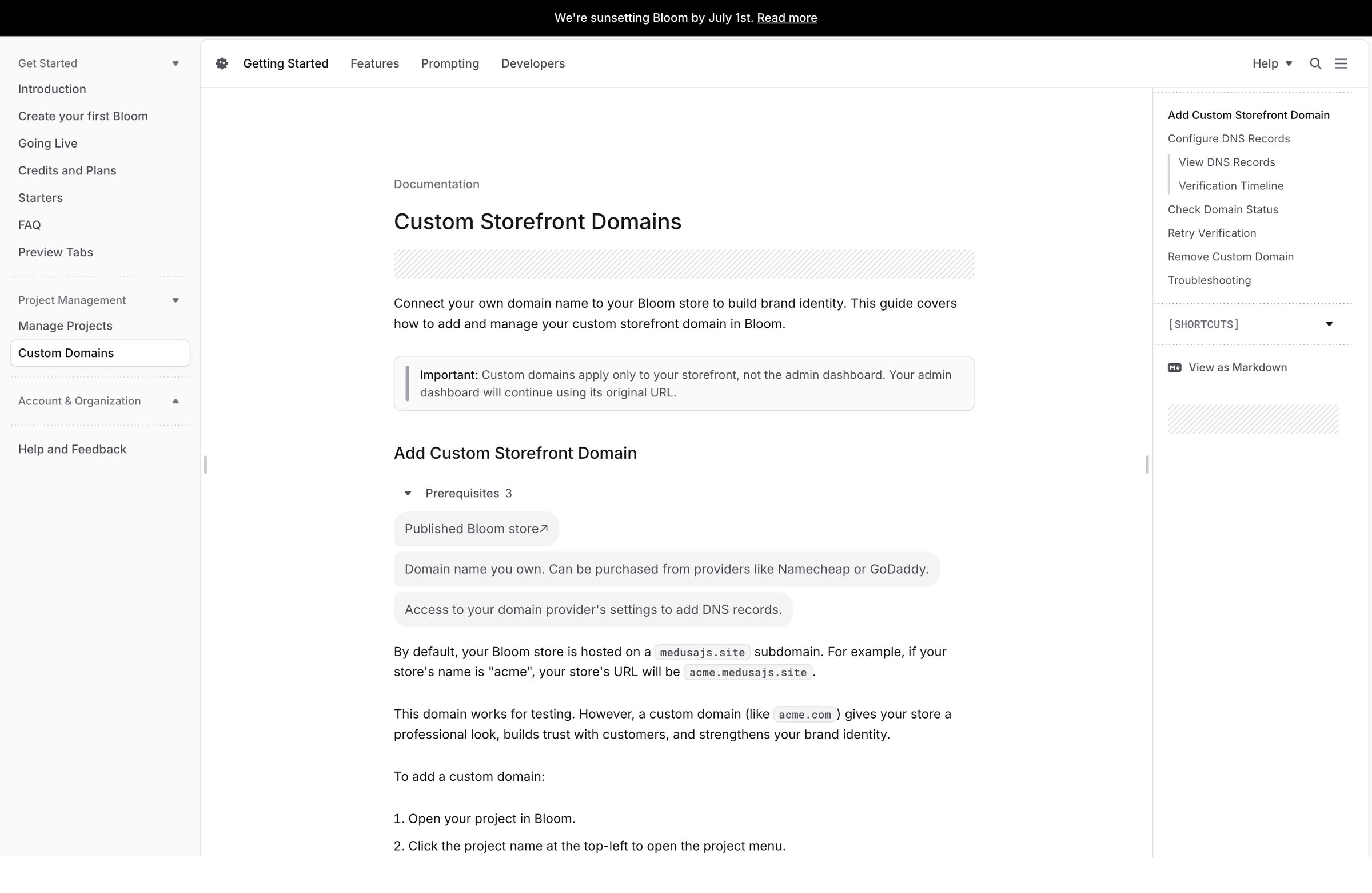 Bloom - Custom Storefront Domains - Bloom Documentation screen