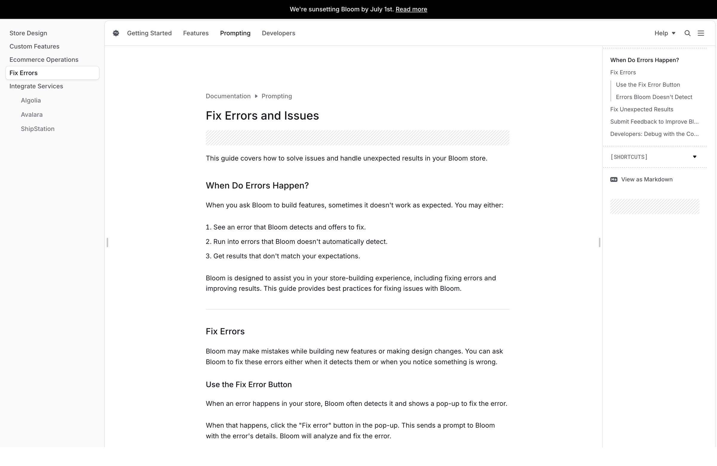 Bloom - Fix Errors and Issues - Bloom Documentation screen