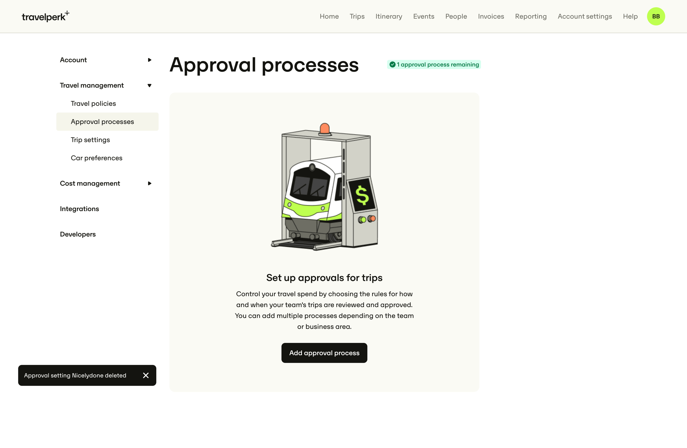 Travelperk - Account settings for Nicelydone — TravelPerk screen