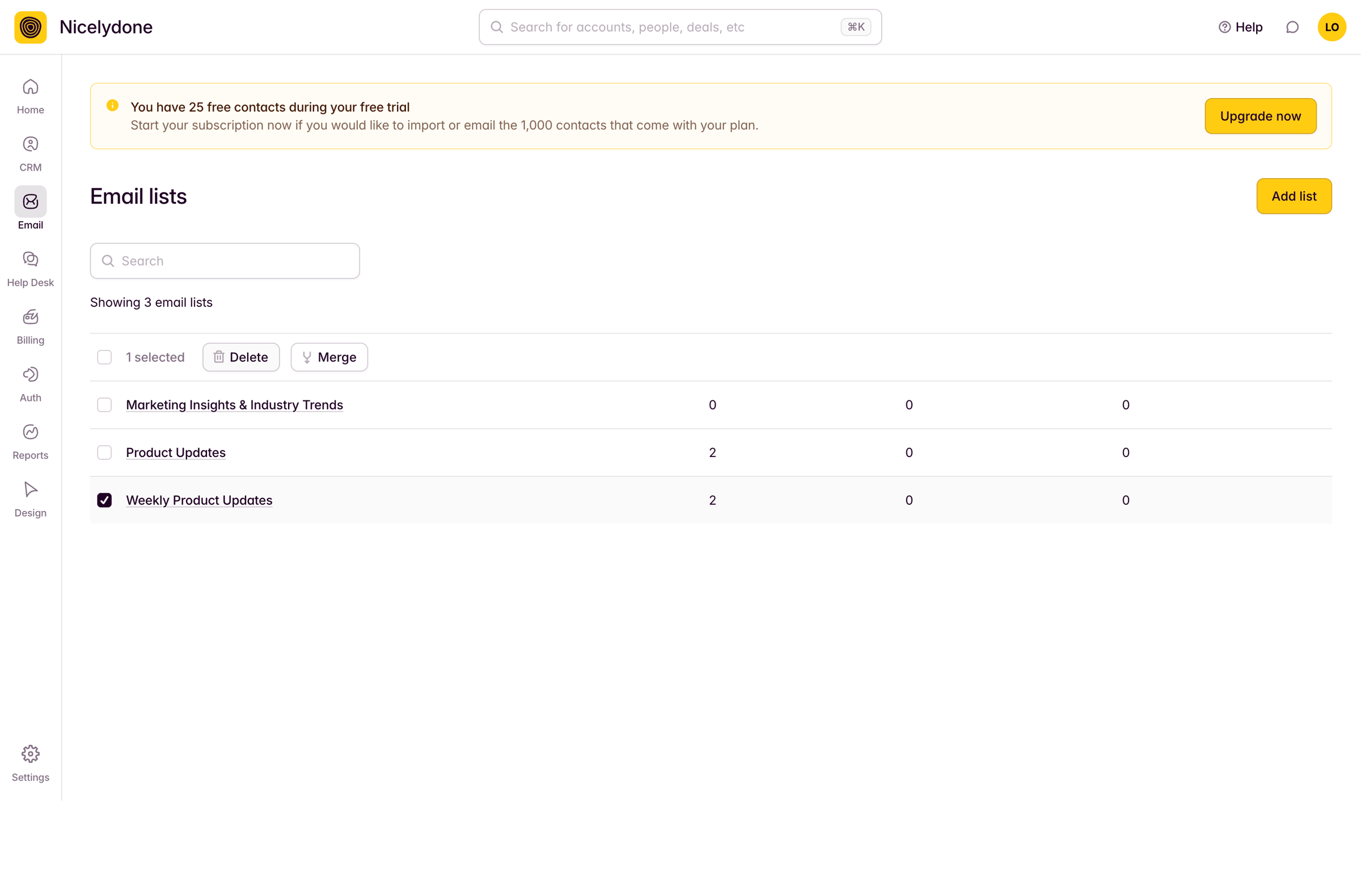 Outseta - View All Email Lists screen