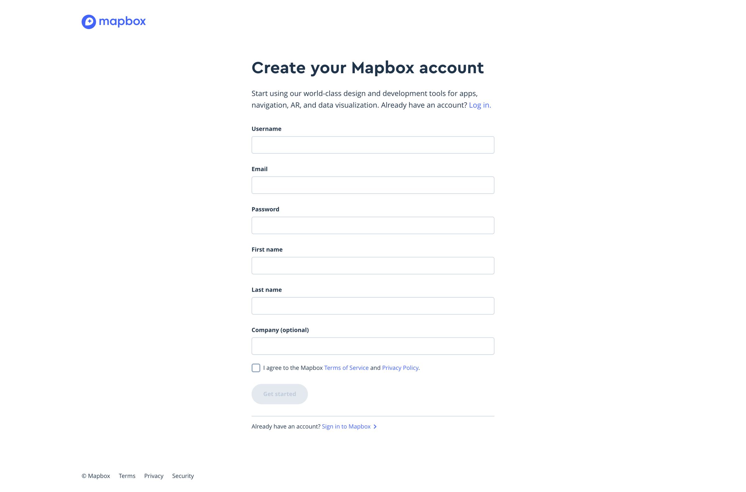 Mapbox - Sign up | Mapbox screen