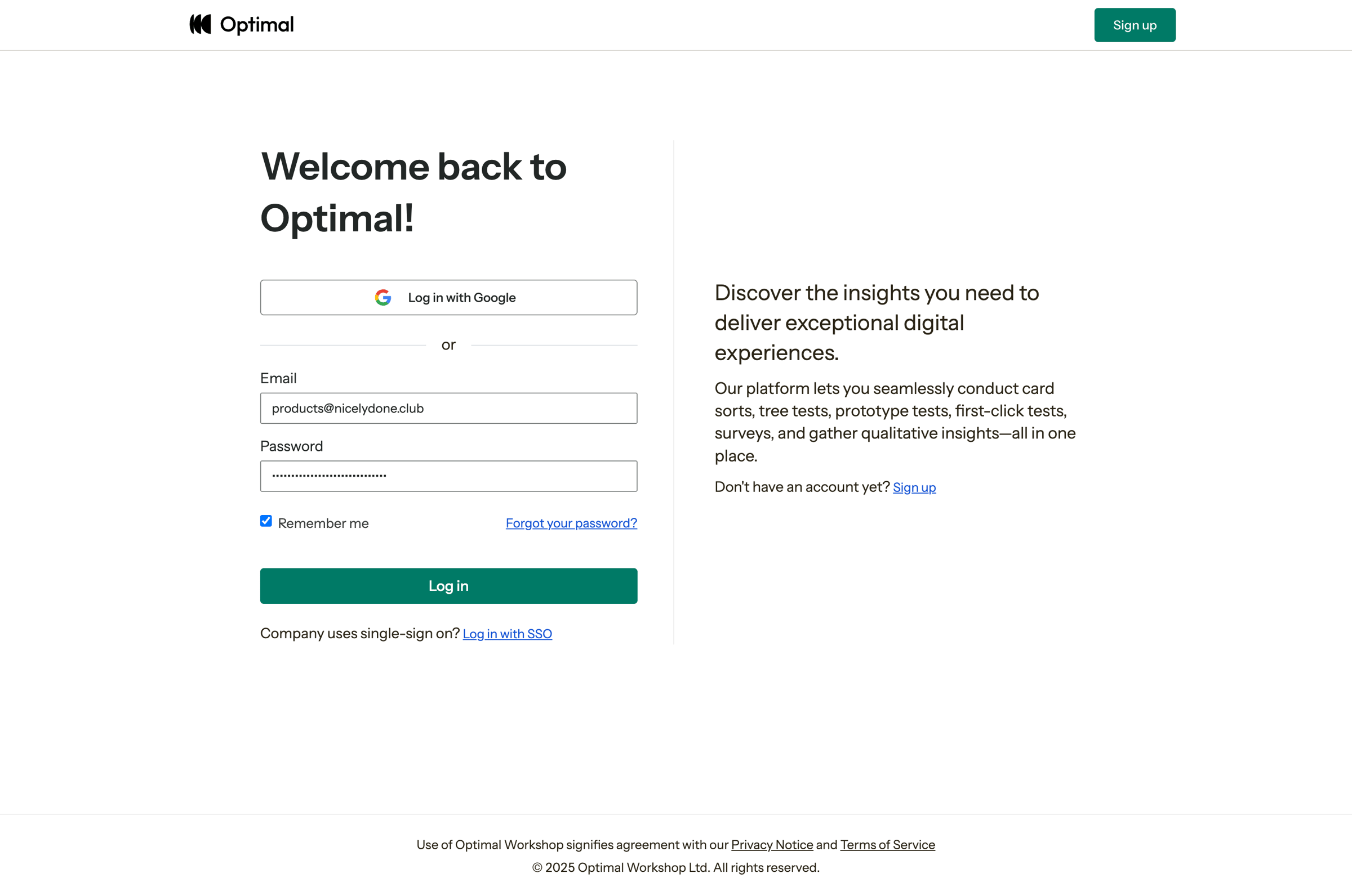 Optimal - Log In | Optimal Workshop screen