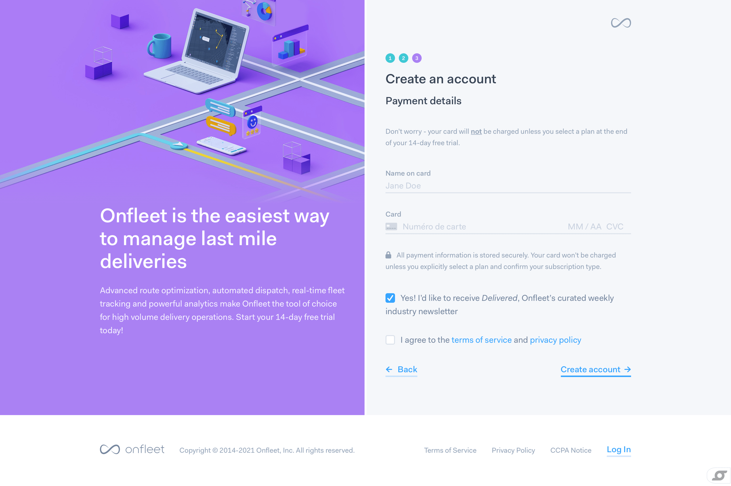 Onfleet - Onfleet | Sign up screen