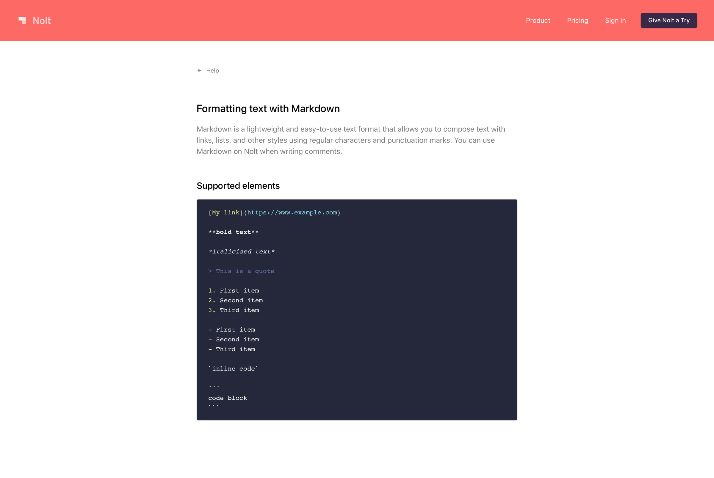 Nolt - Formatting text with Markdown · Help · Nolt screen