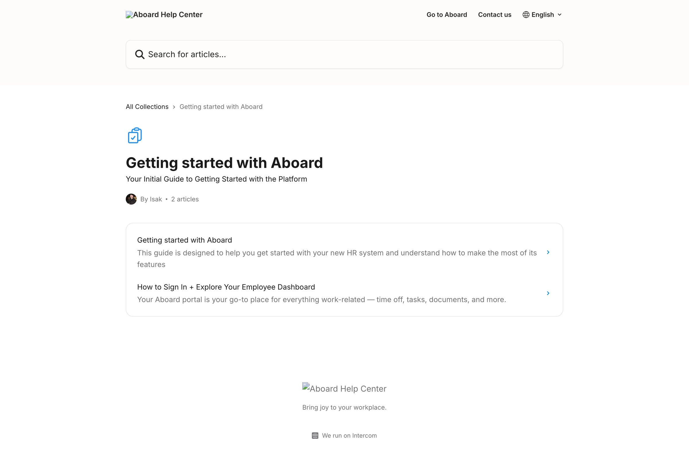 Aboard - Getting started with Aboard Aboard Help Center screen