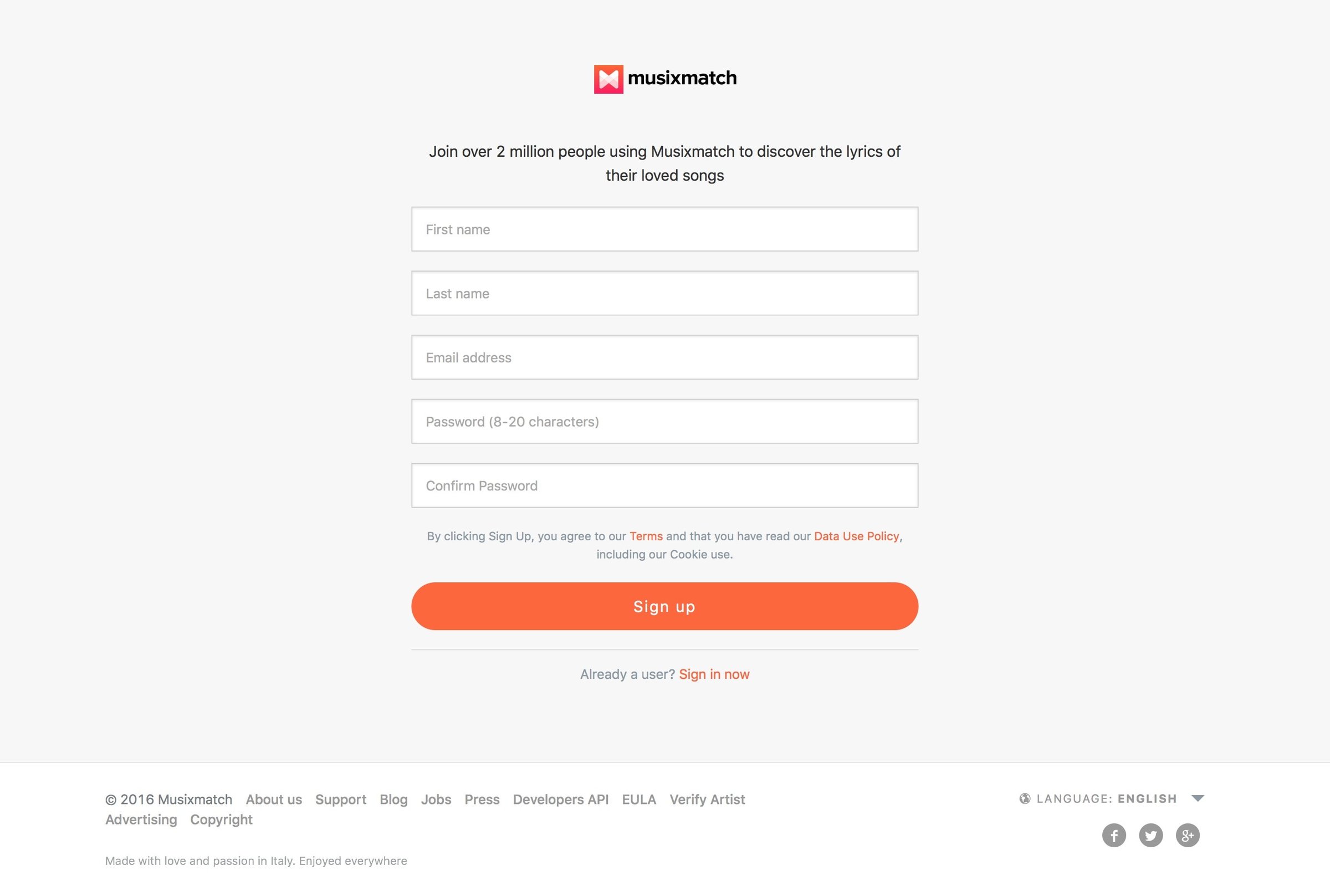 Musixmatch - Sign up screen