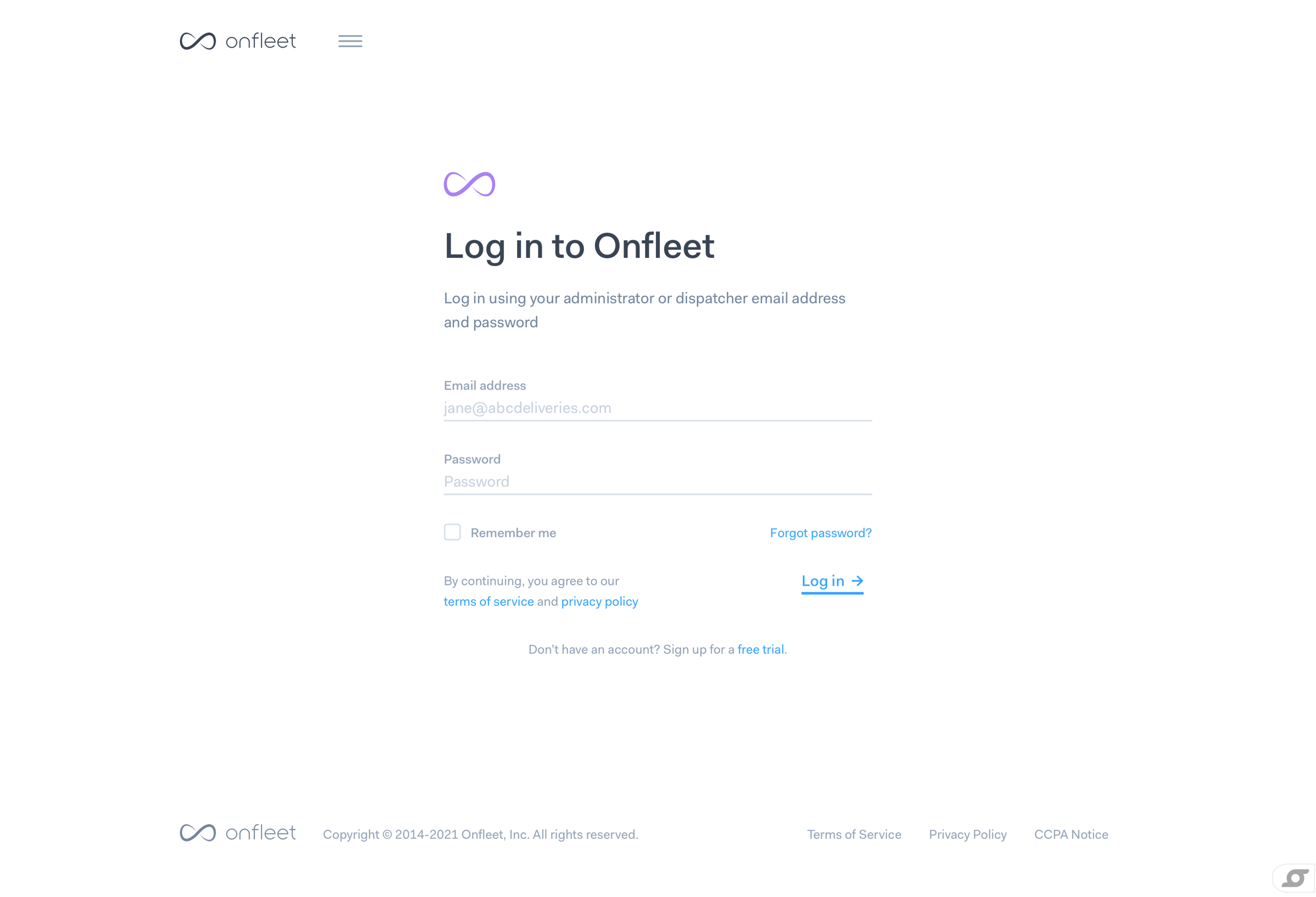 Onfleet - Onfleet | Log In screen