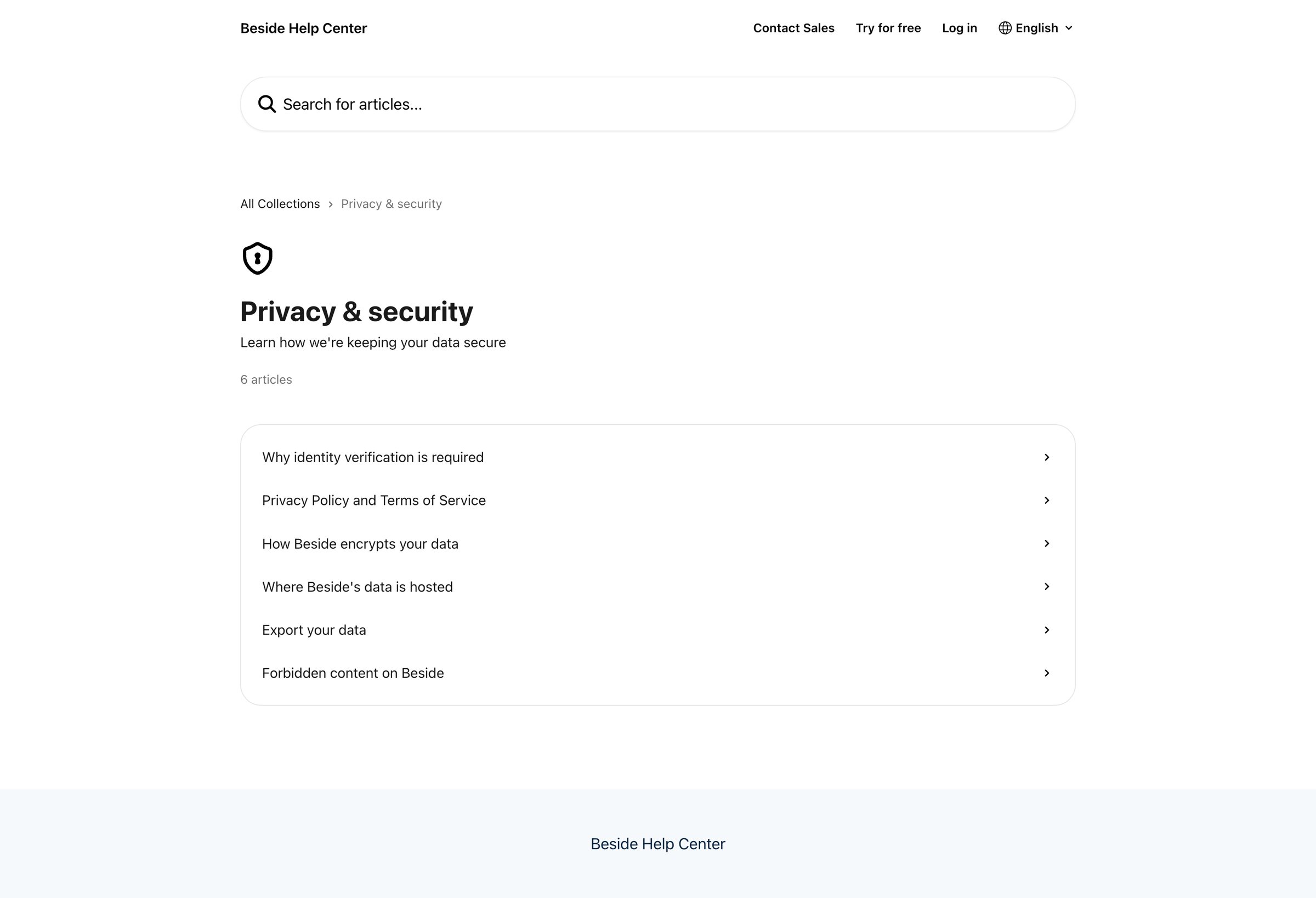 Beside - Privacy & security Beside Help Center screen