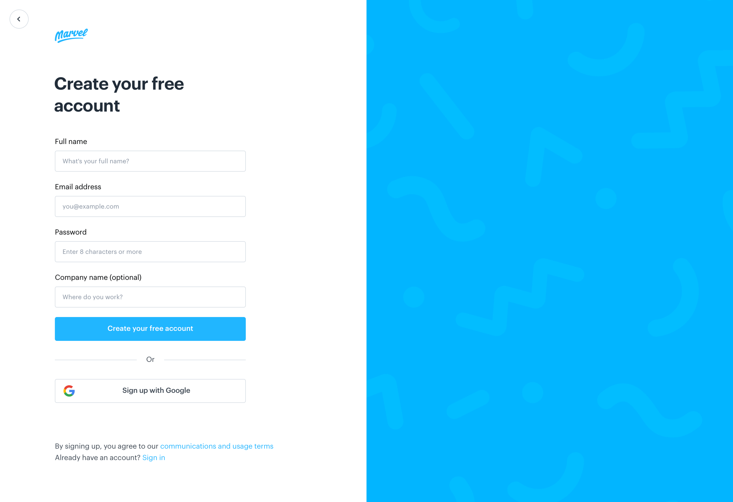 Marvel - Marvel | Create your free account screen
