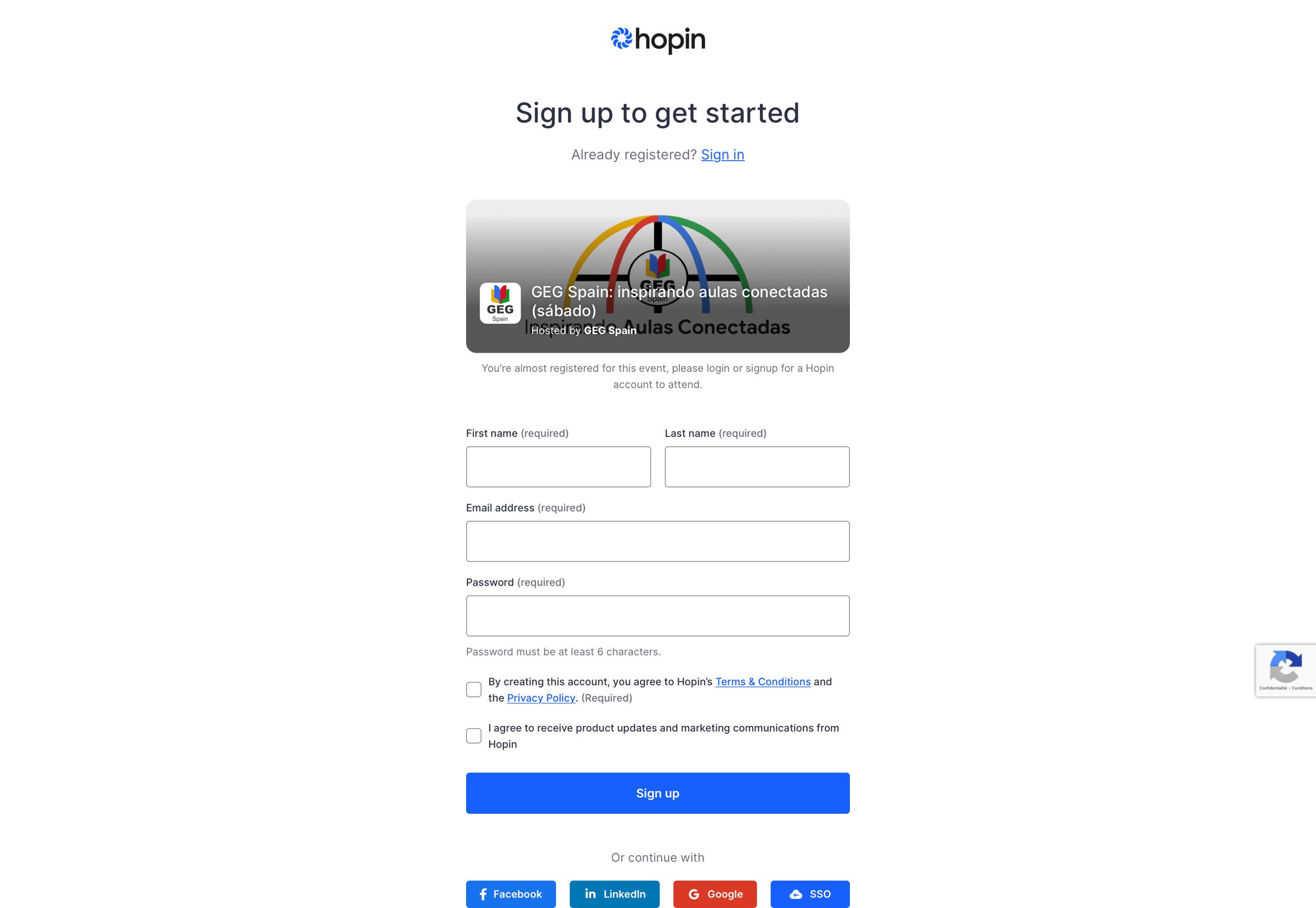 Hopin - Create an Account | Hopin screen
