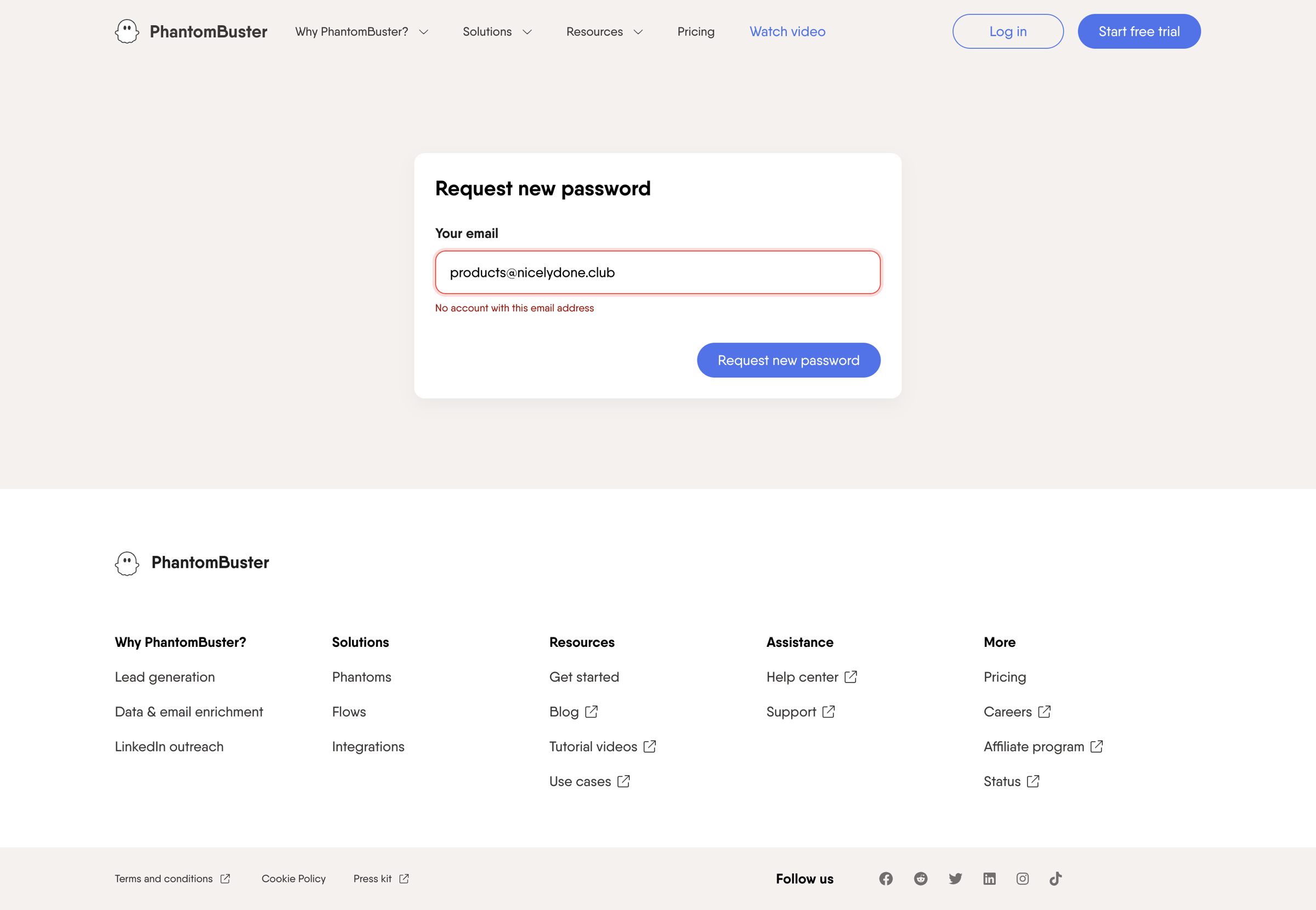 PhantomBuster - Request new password | PhantomBuster screen