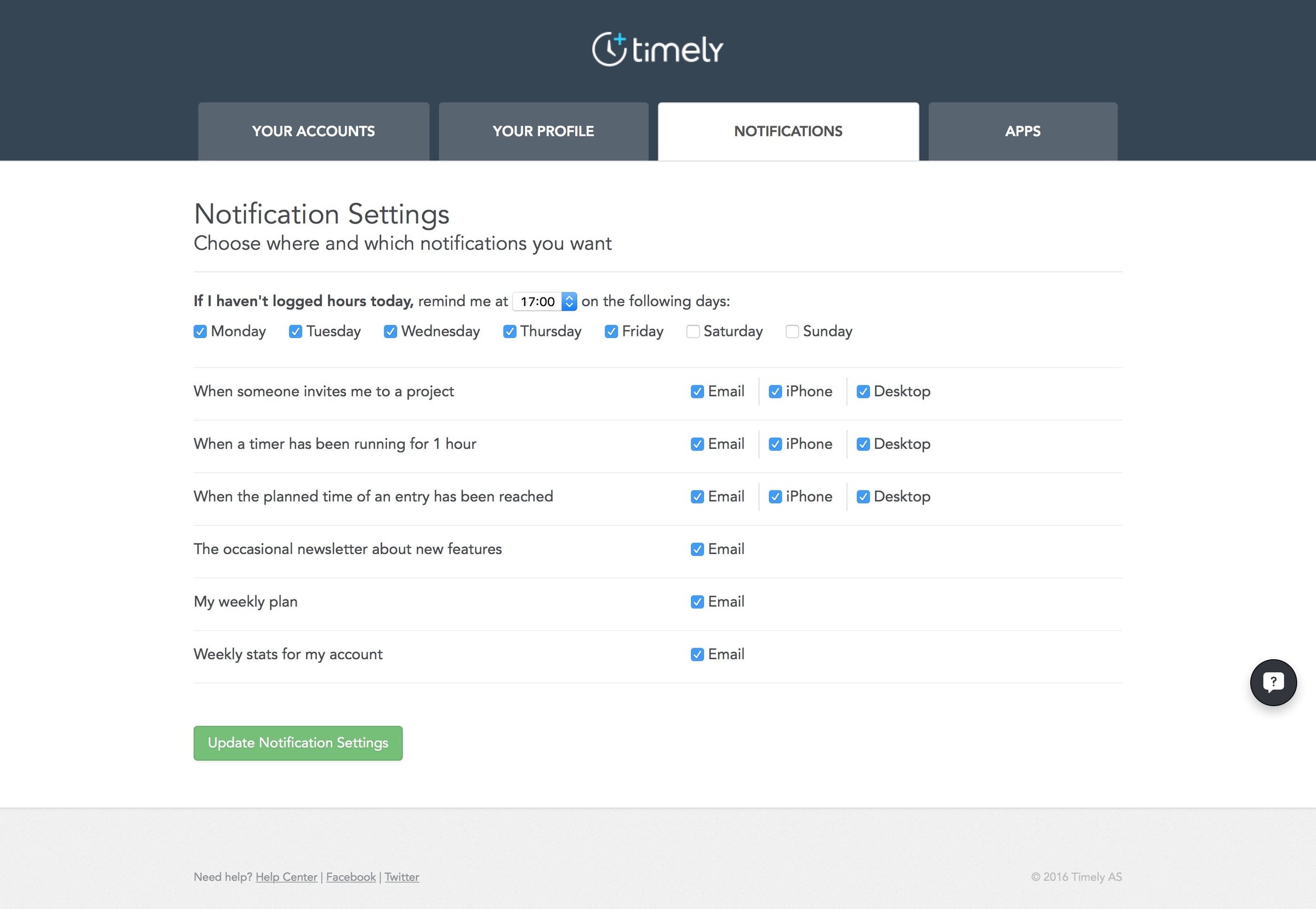 Timely - Settings screen