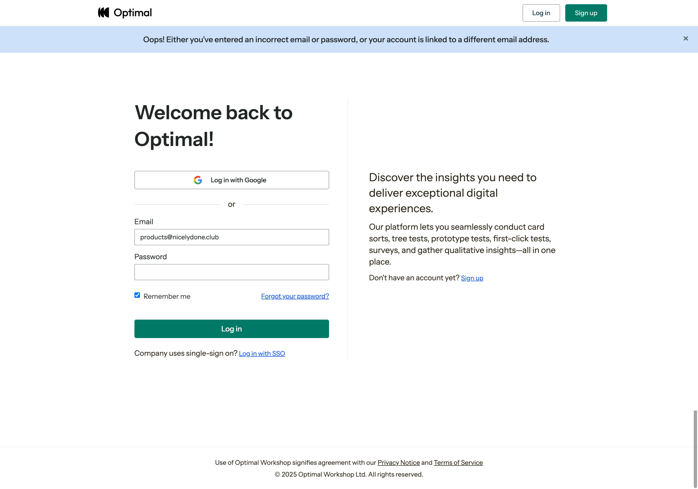 Optimal - Log In | Optimal Workshop screen