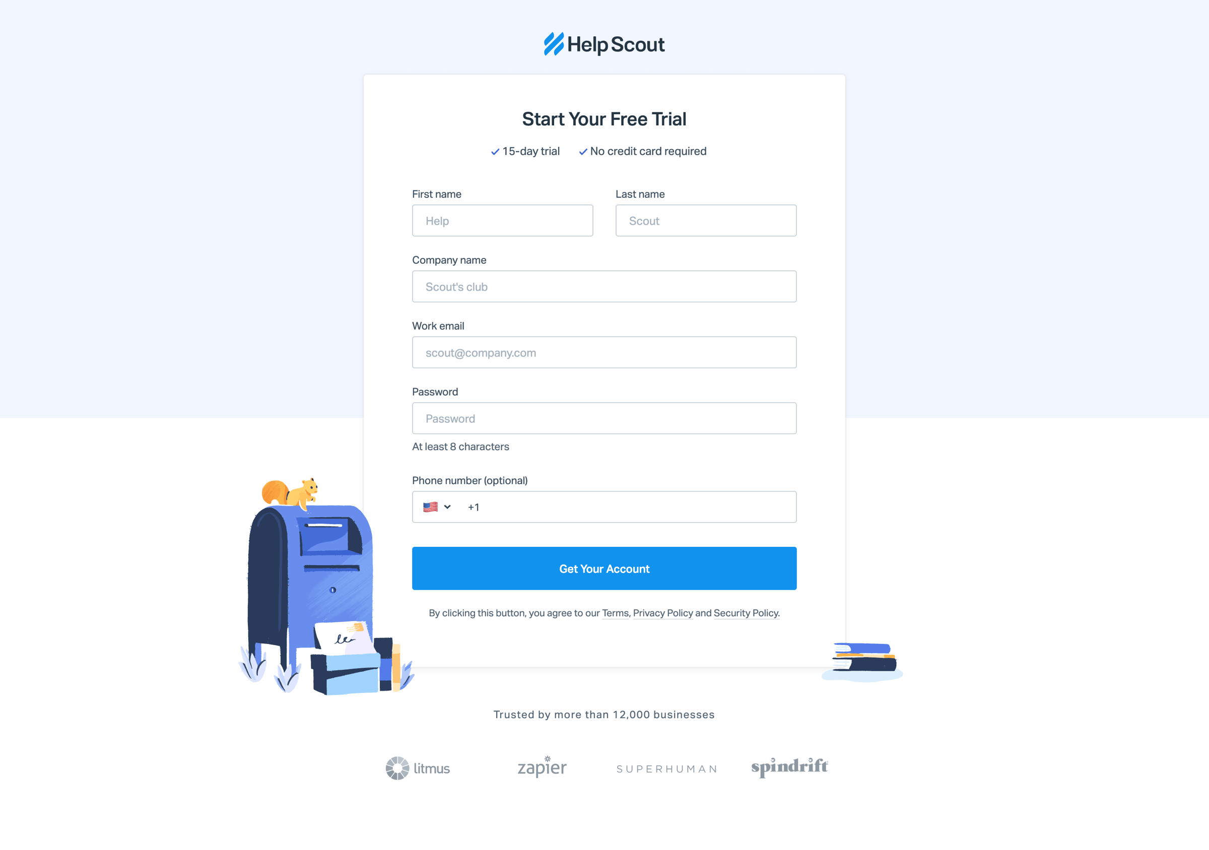 Help Scout - Sign up for a free Help Scout trial screen