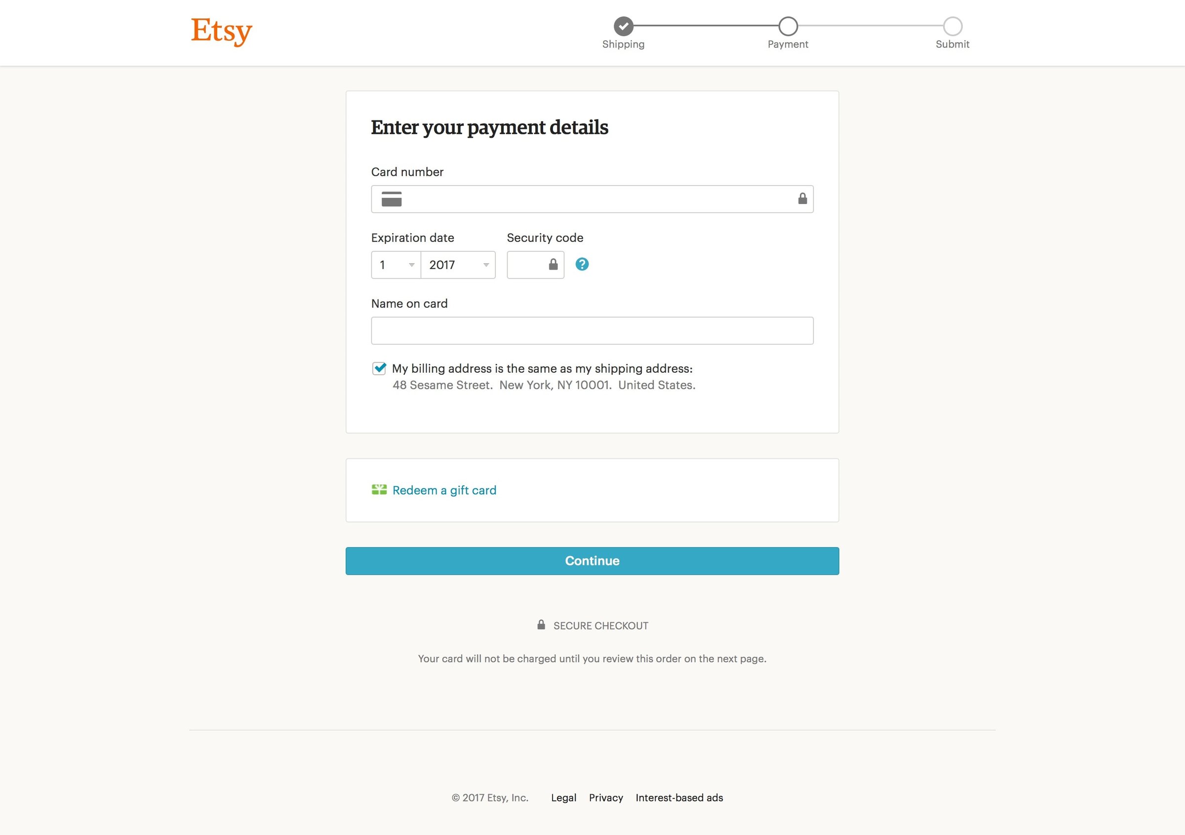 Etsy - Payments informations screen
