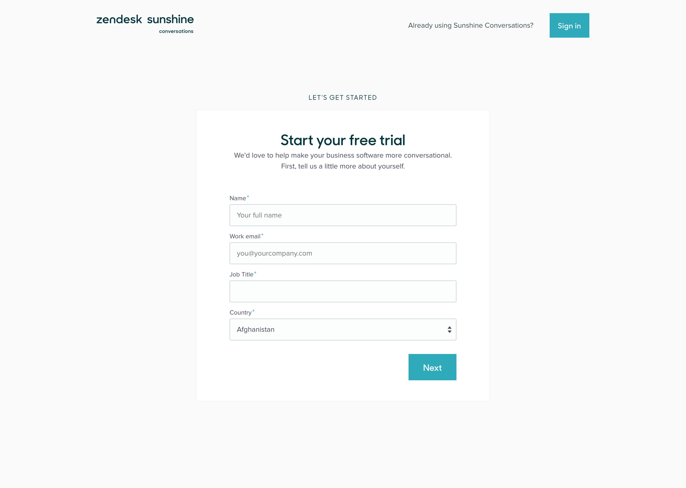 Zendesk - Signup | Sunshine Conversations screen