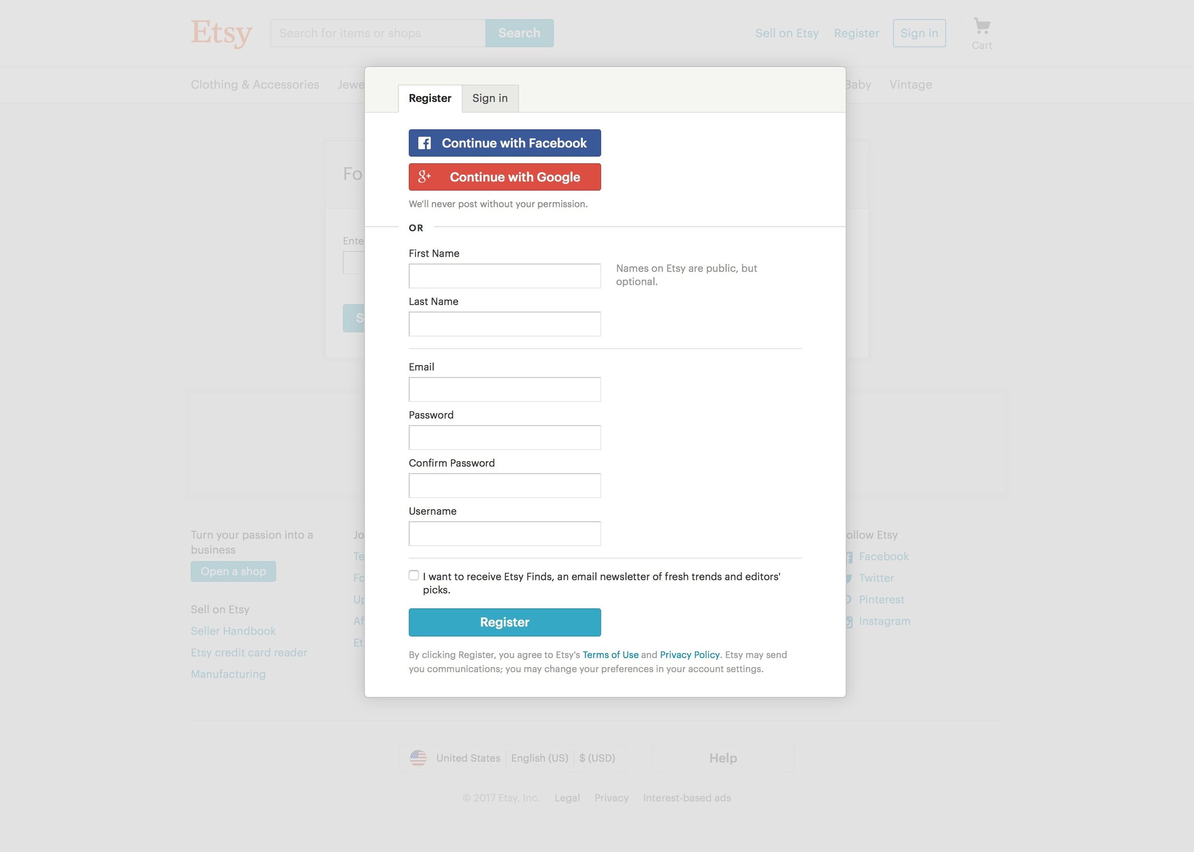 Etsy - Sign up screen