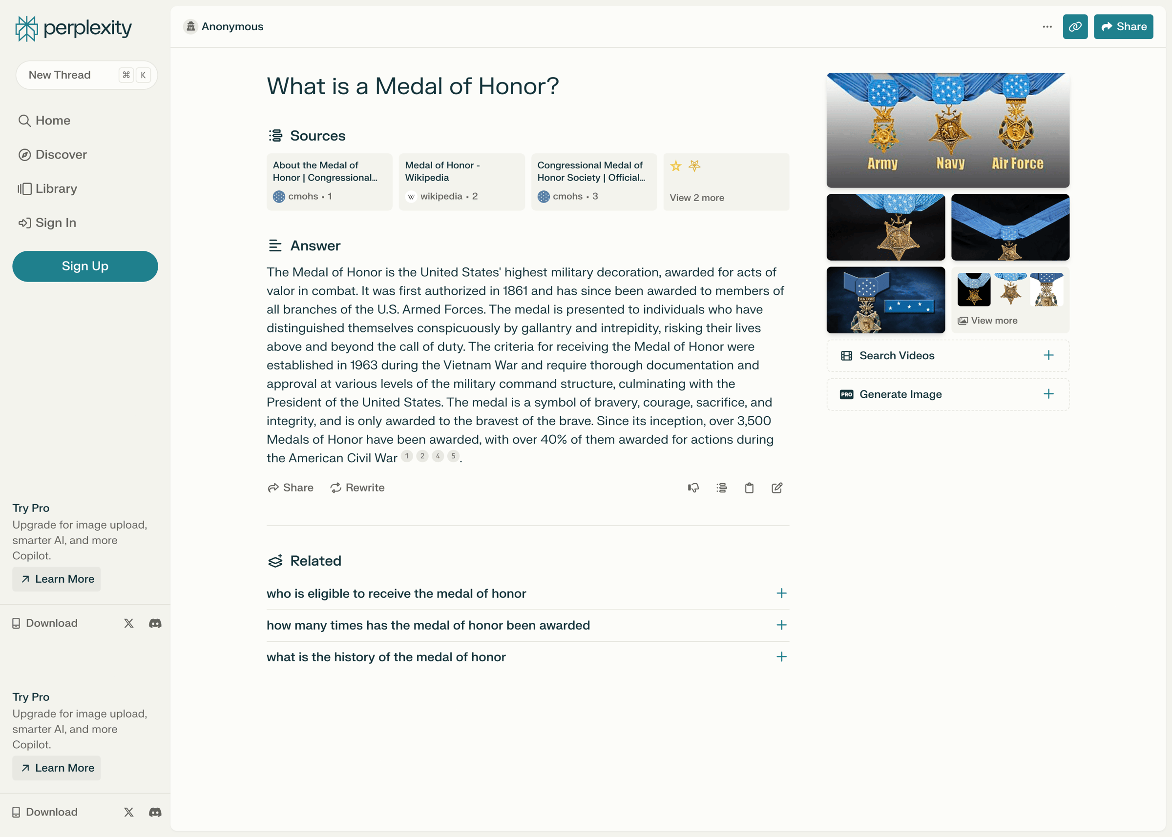 Perplexity - What is a Medal of Honor screen