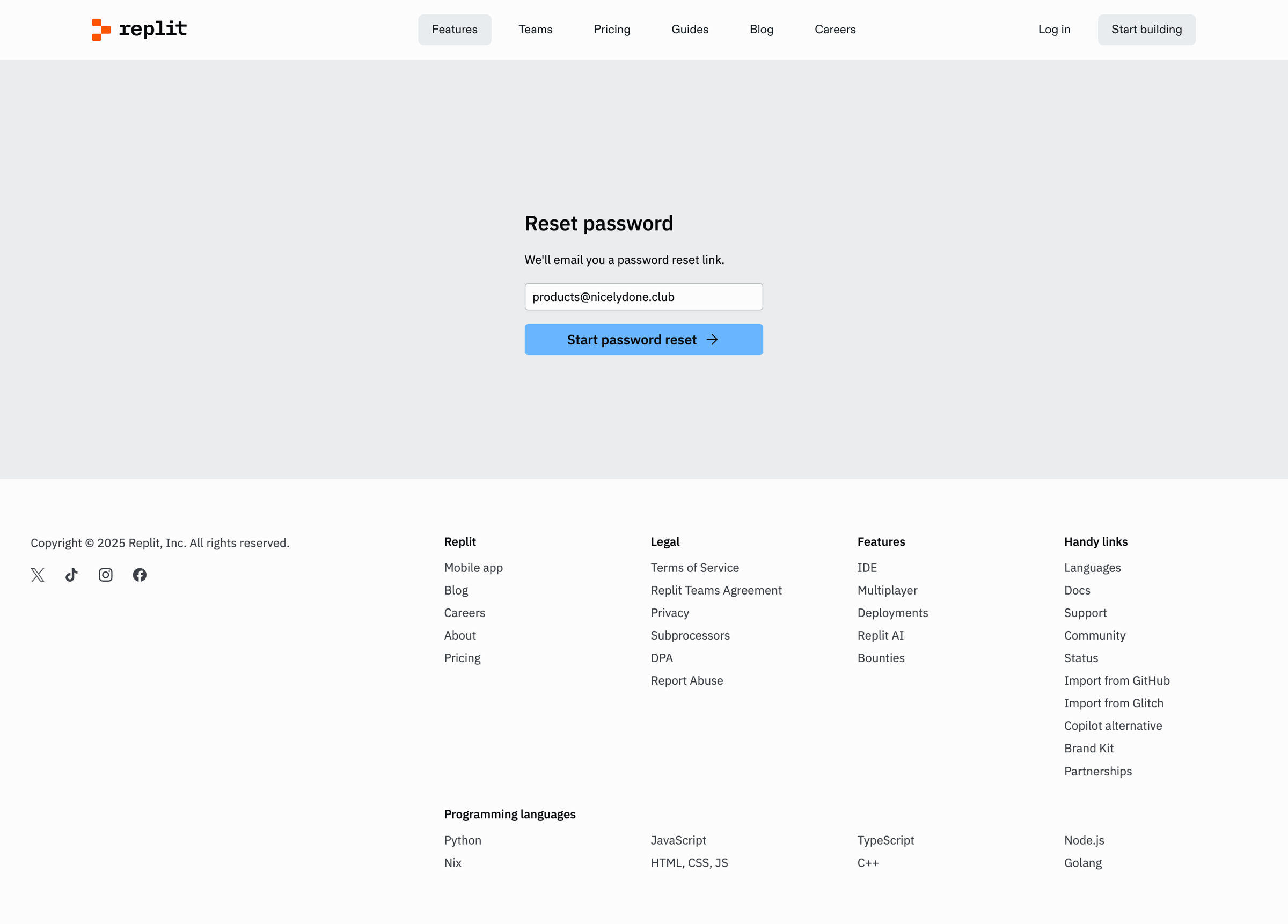 Replit - Forgot Password - Replit screen