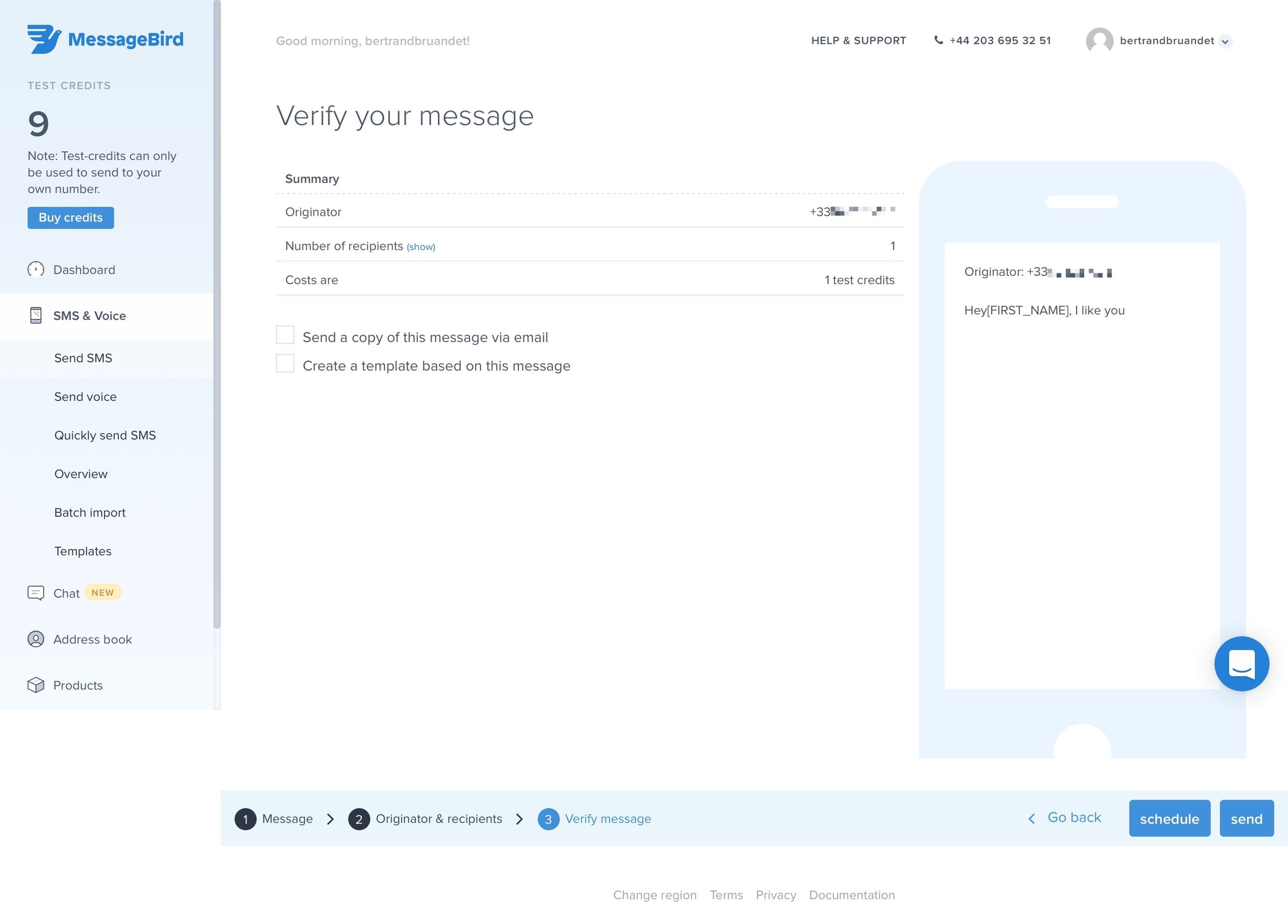 MessageBird - Create screen