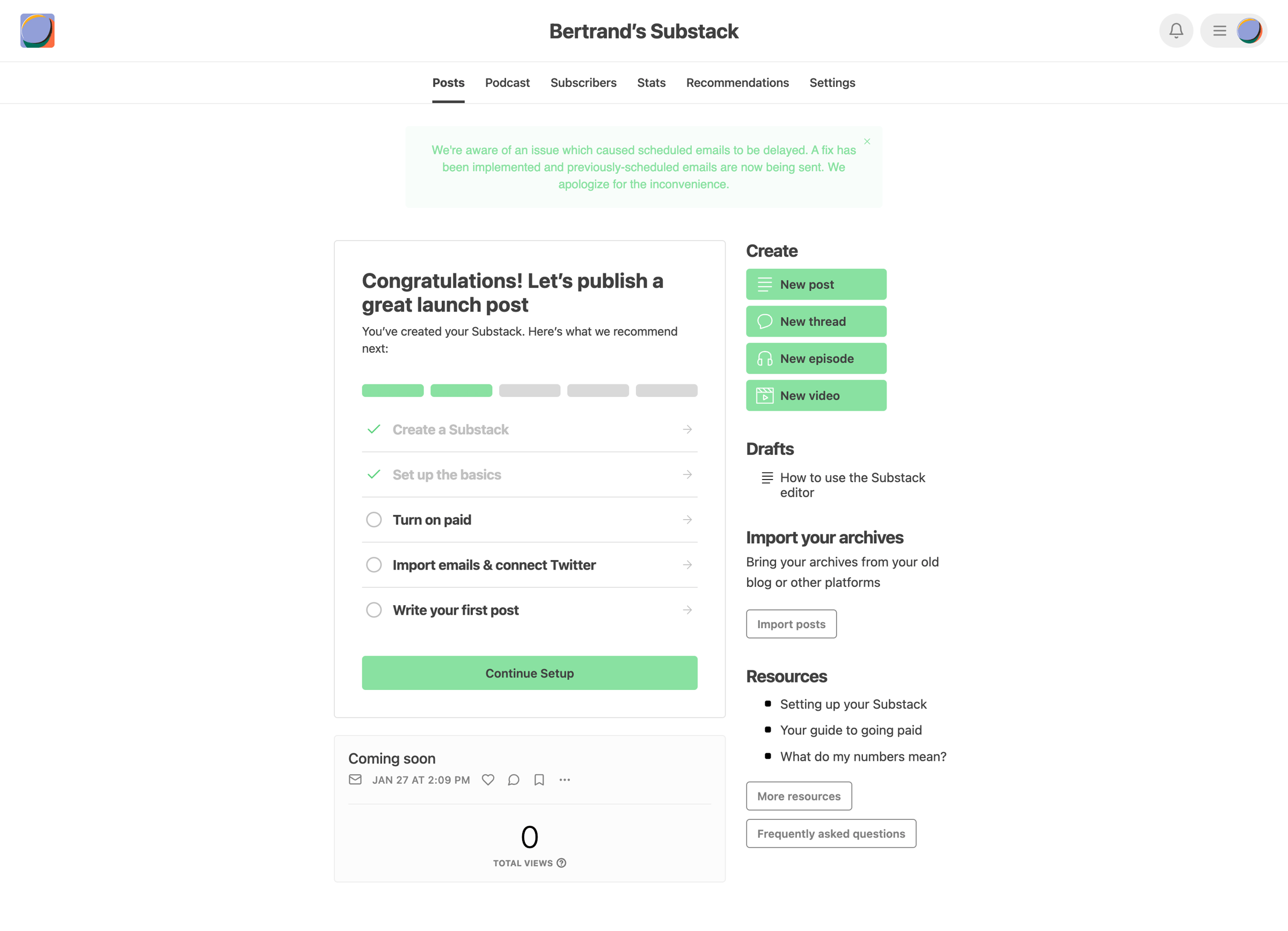 Substack - Substack Dashboard - Bertrand’s Substack screen