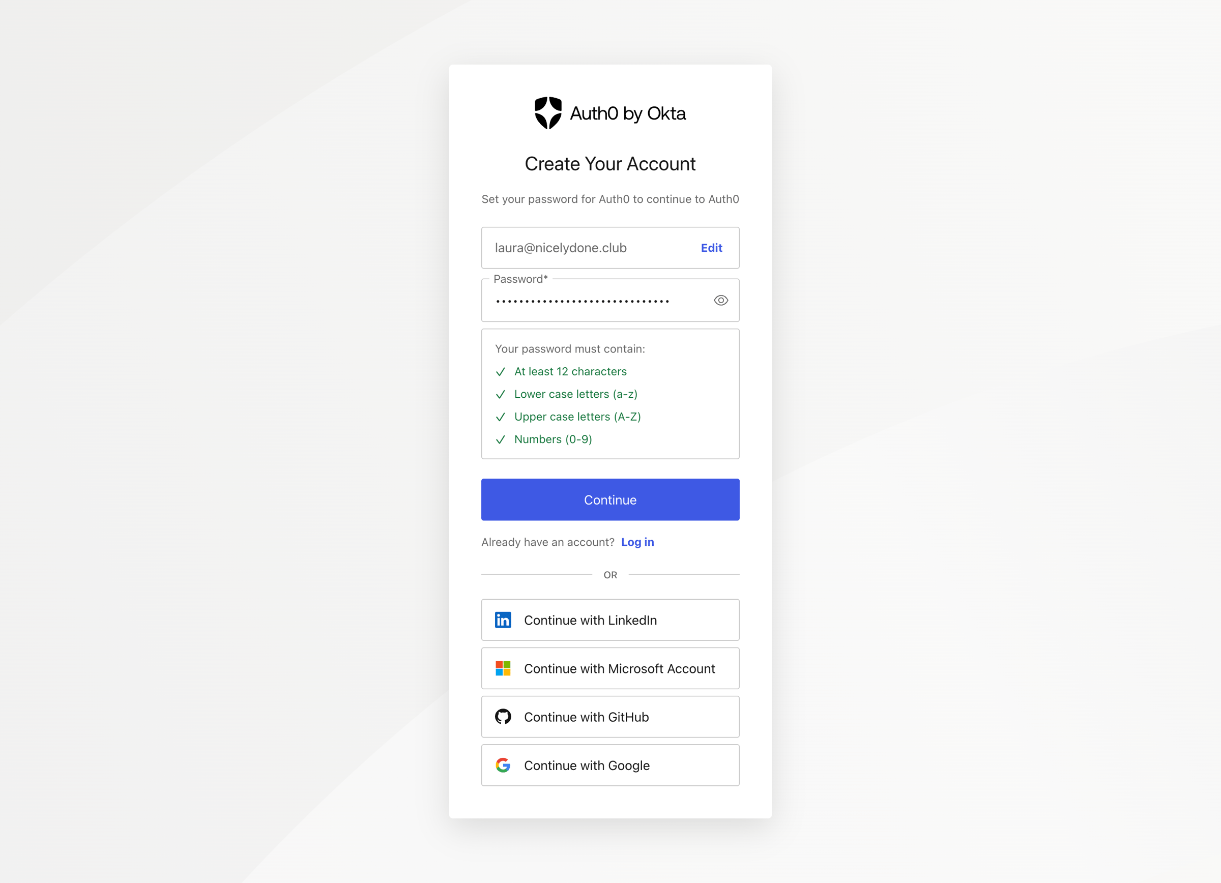 Auth0 - Create a password to sign up | Auth0 screen