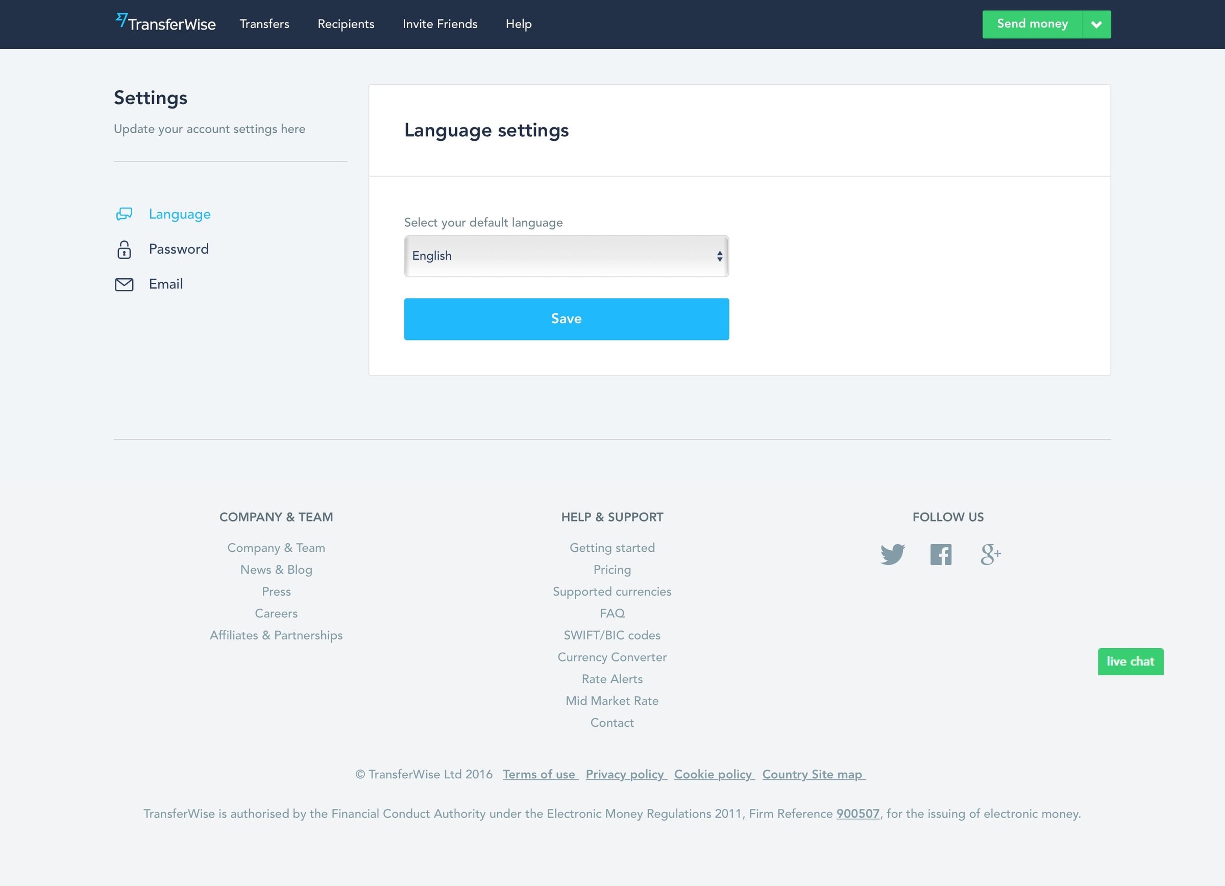 TransferWise - Settings screen