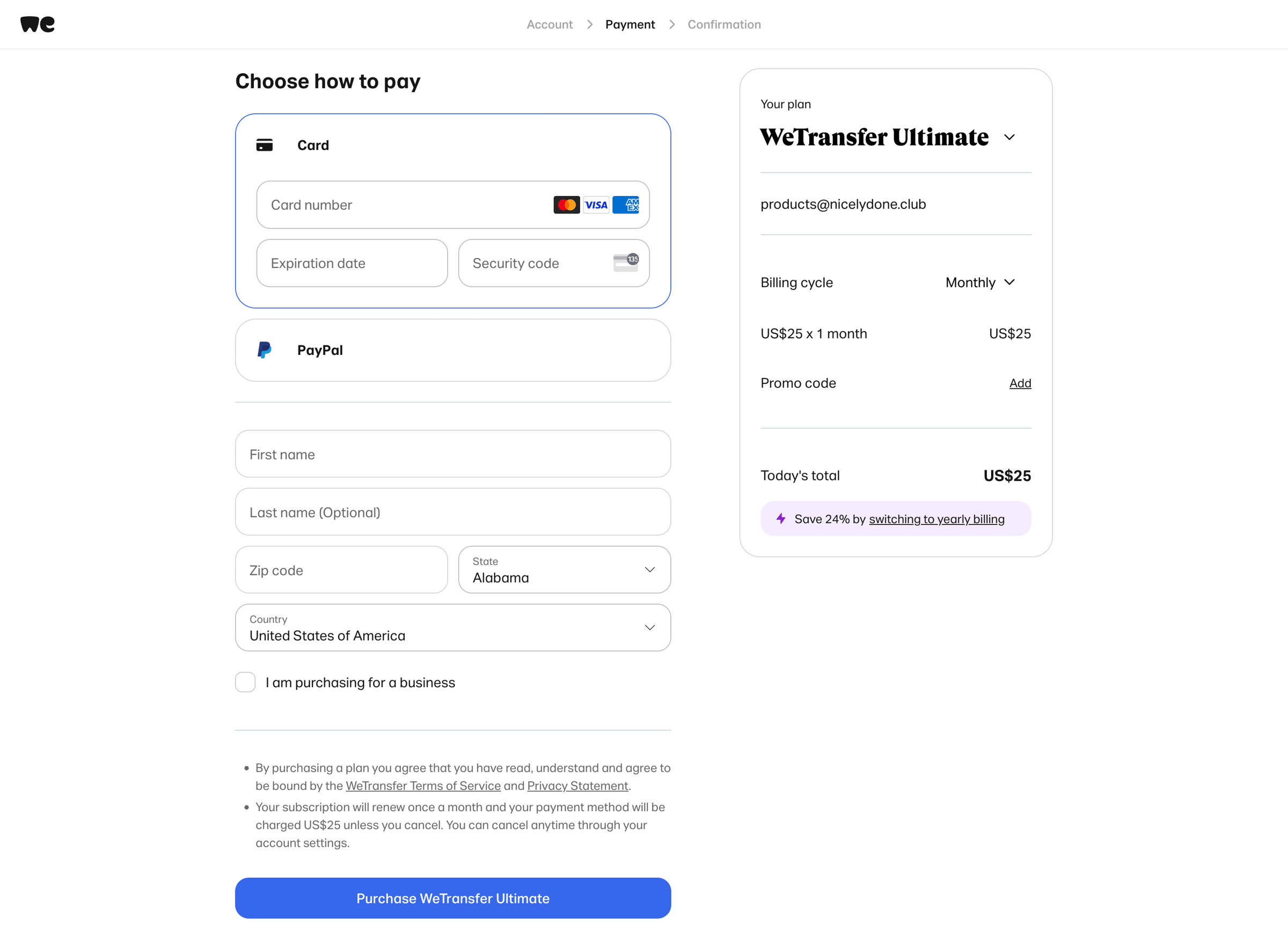 WeTransfer - Choose how to pay | WeTransfer screen