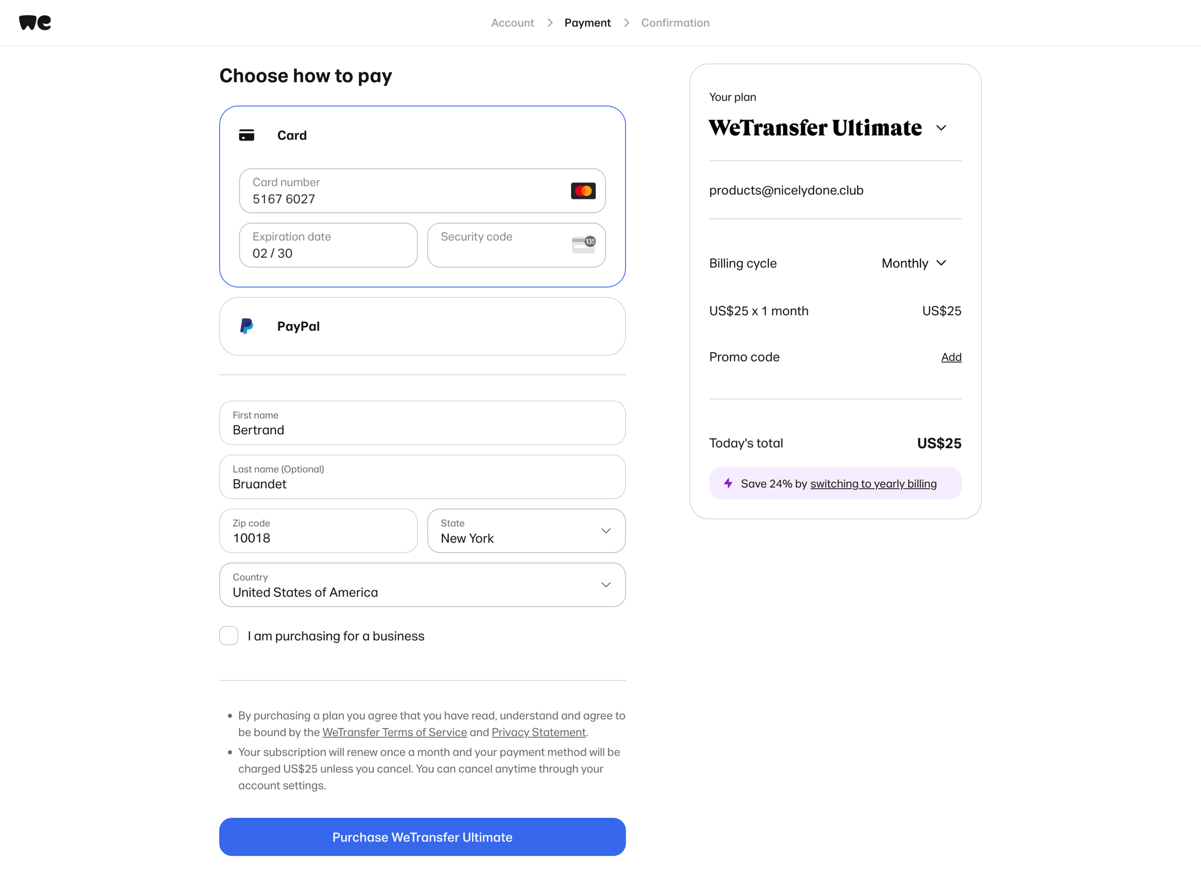 WeTransfer - Choose how to pay | WeTransfer screen