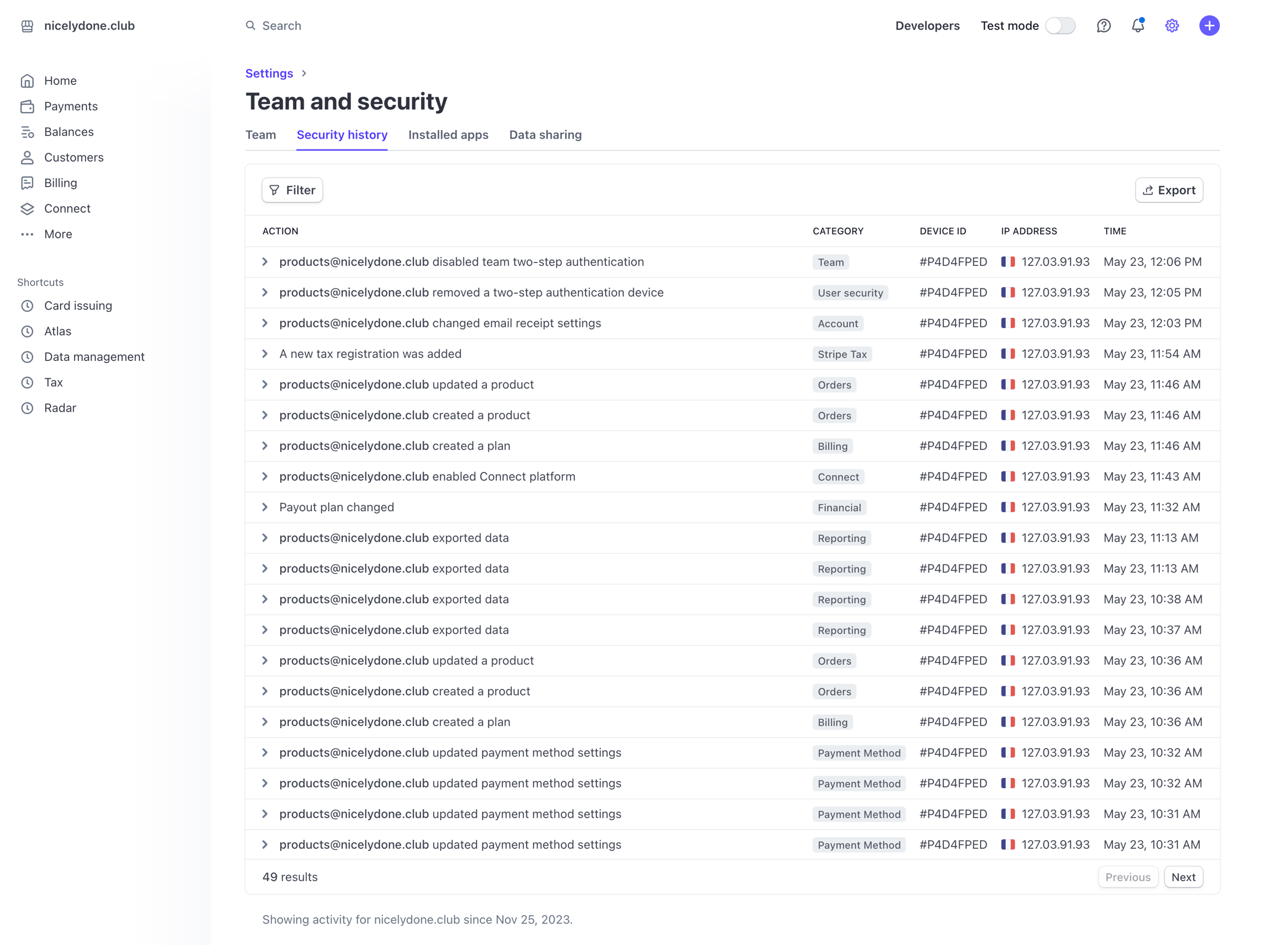 Stripe - Security history – nicelydone.club – Stripe screen