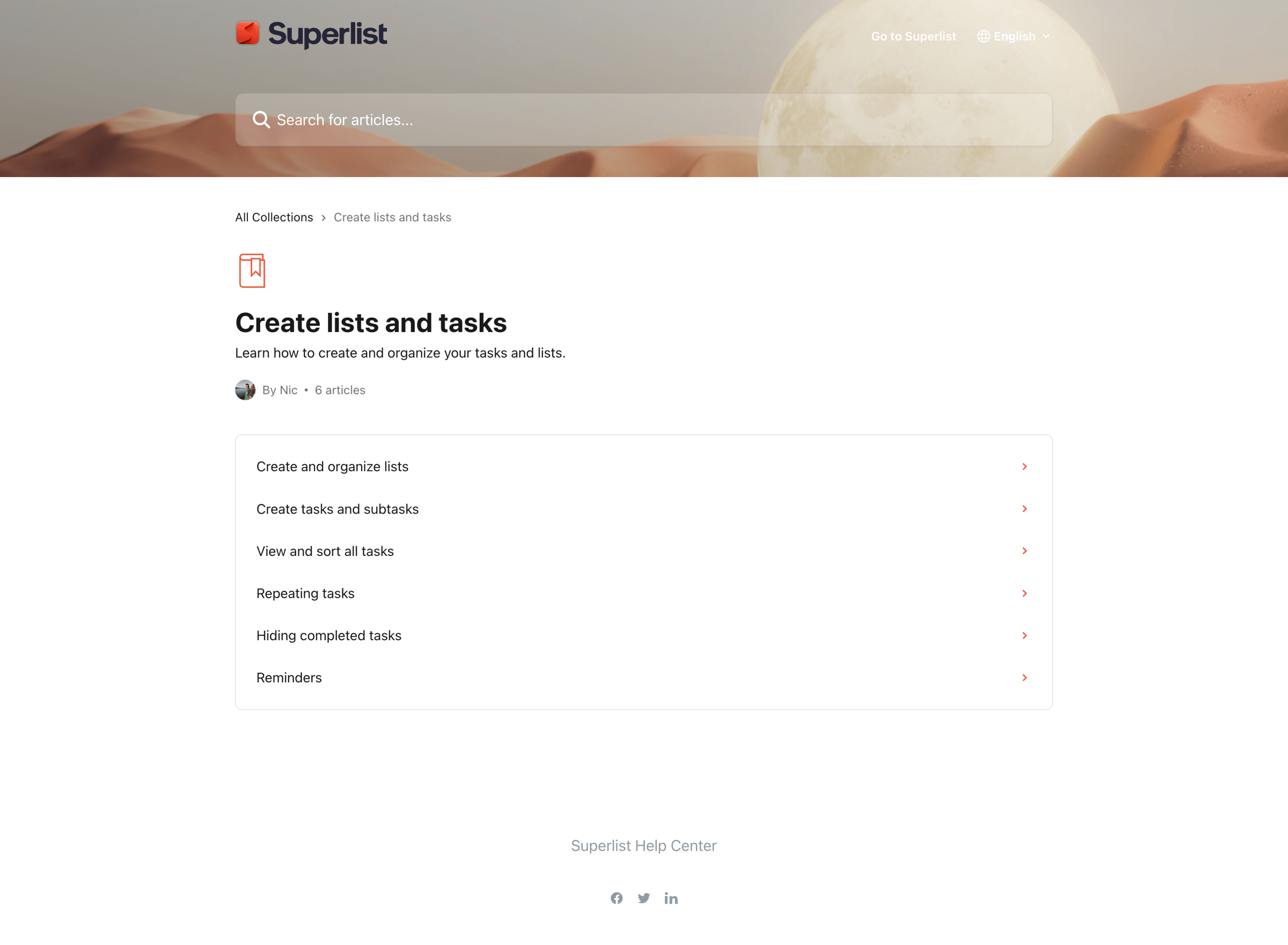 Superlist - Create lists and tasks | Superlist Help Center screen