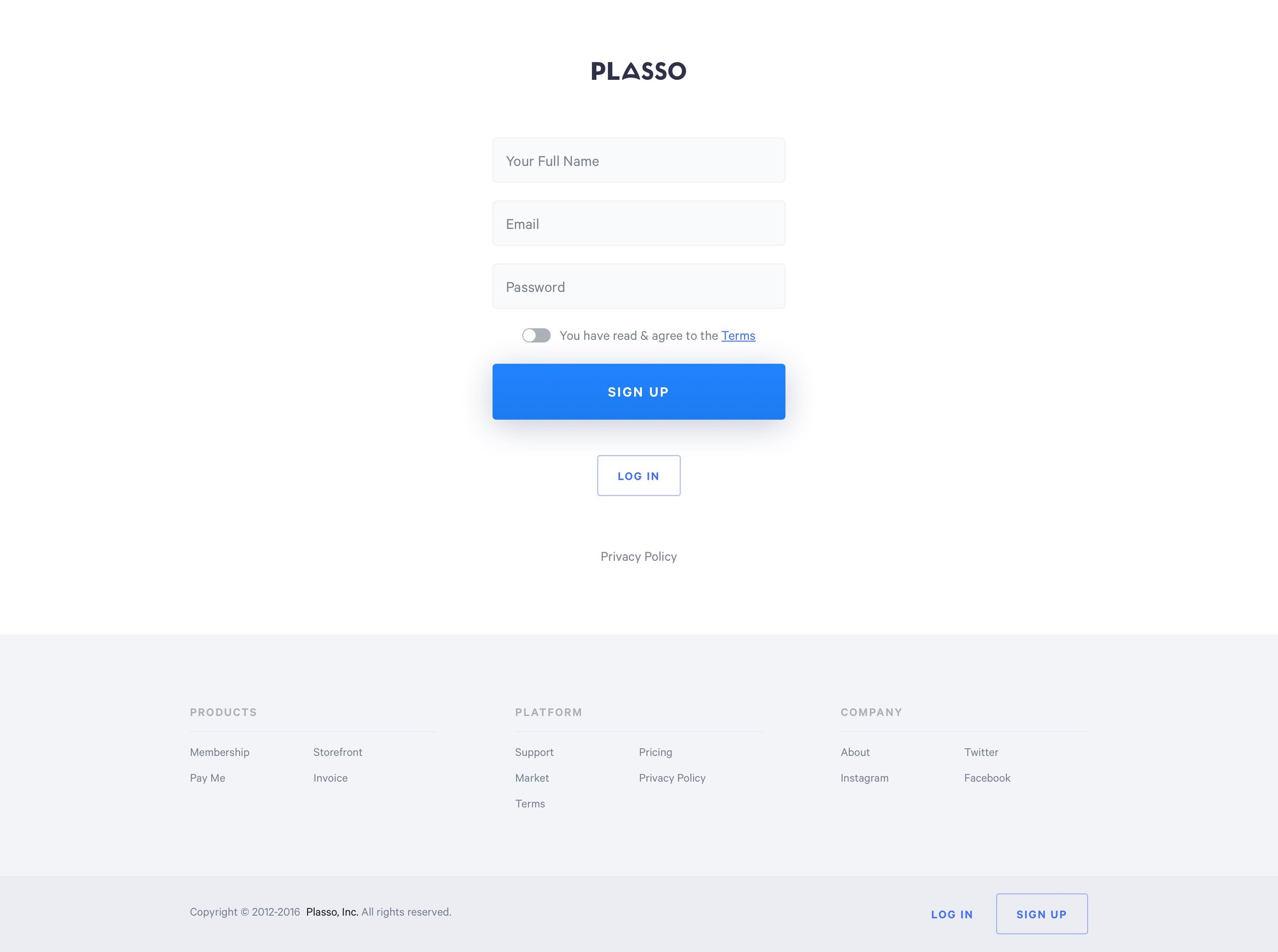 Plasso - Sign up screen