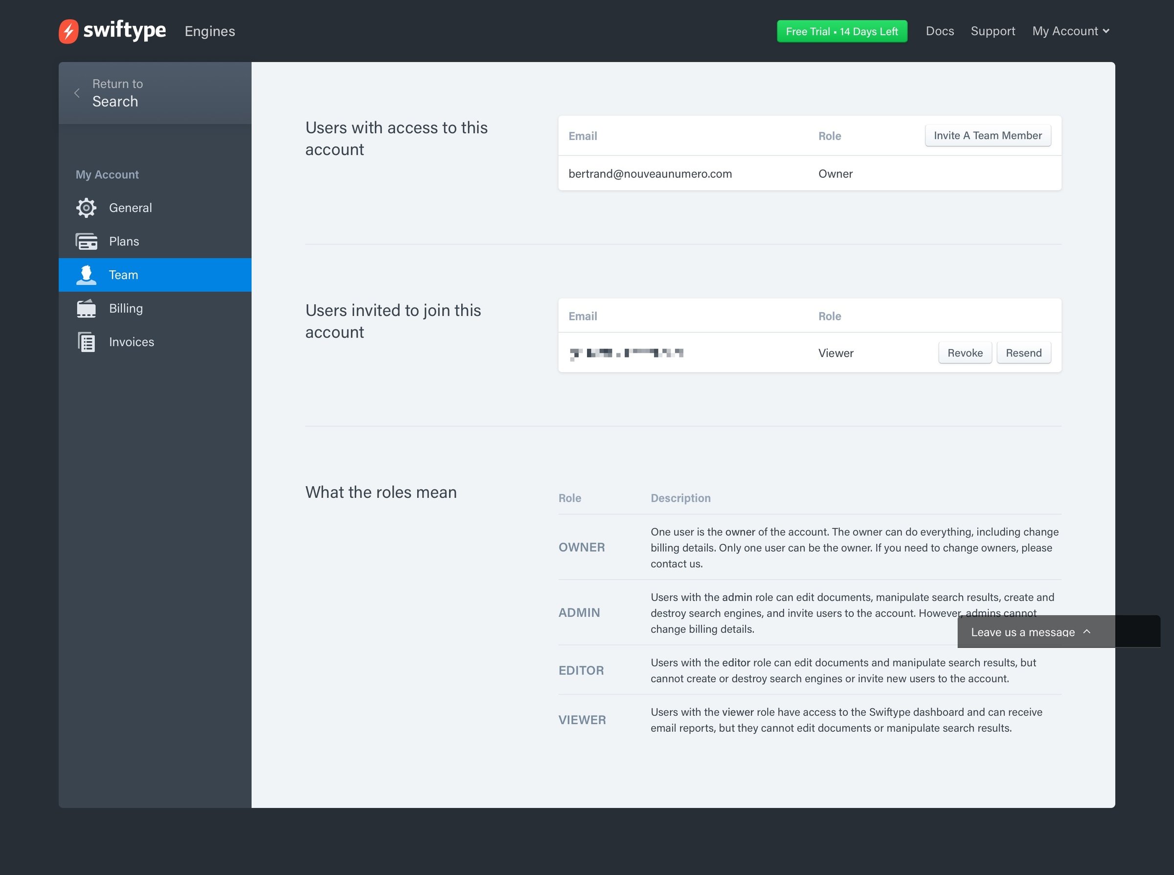 Swiftype - Team screen