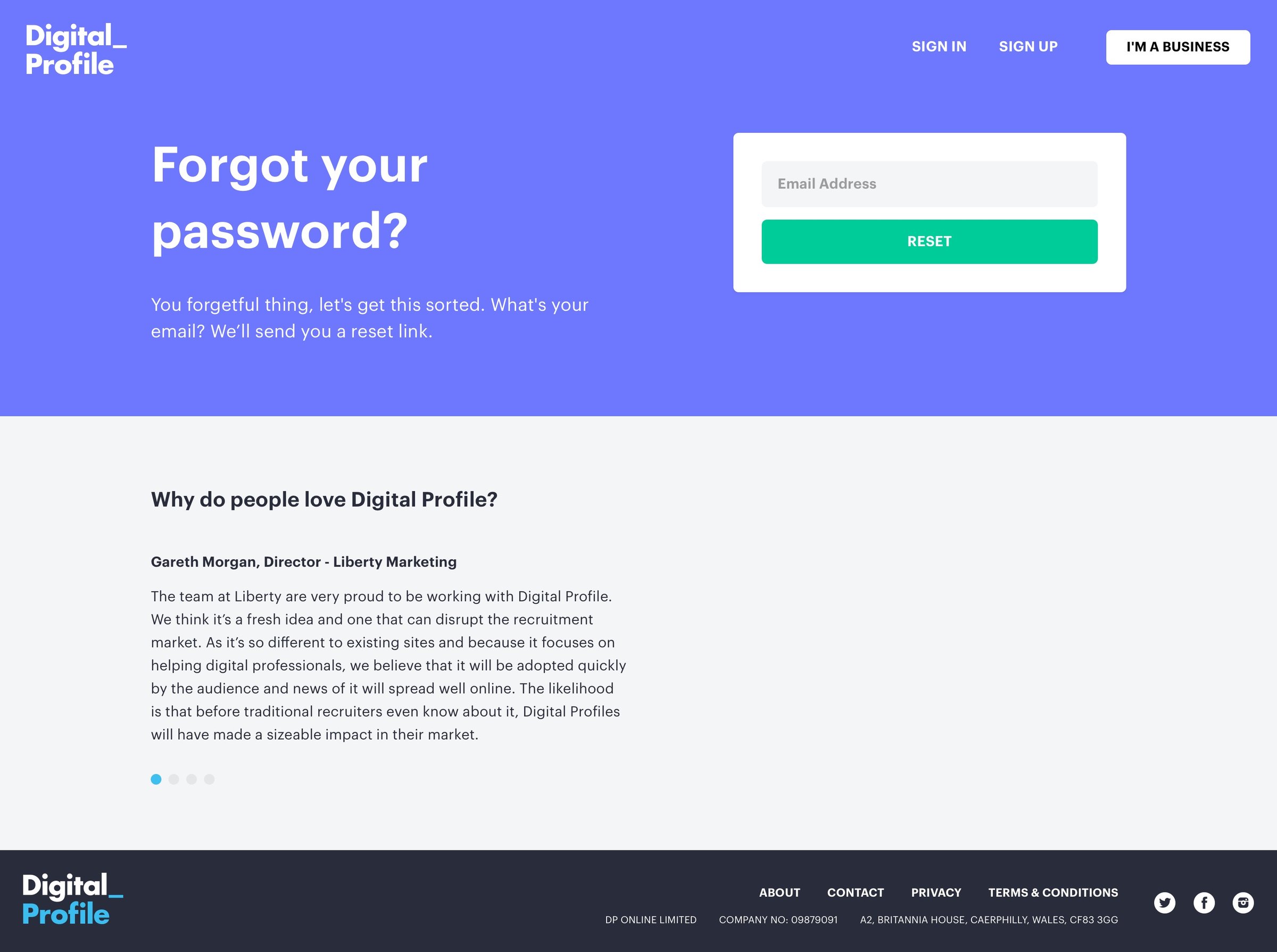 Digital profile - Password reset screen